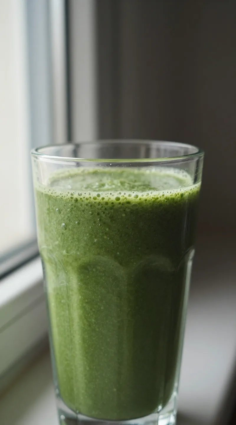 closeup green detox smoothie in clear glass, soft window light