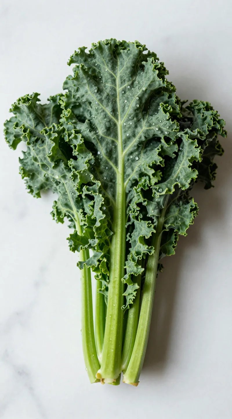 single bunch of lacinato kale on marble countertop, dewy