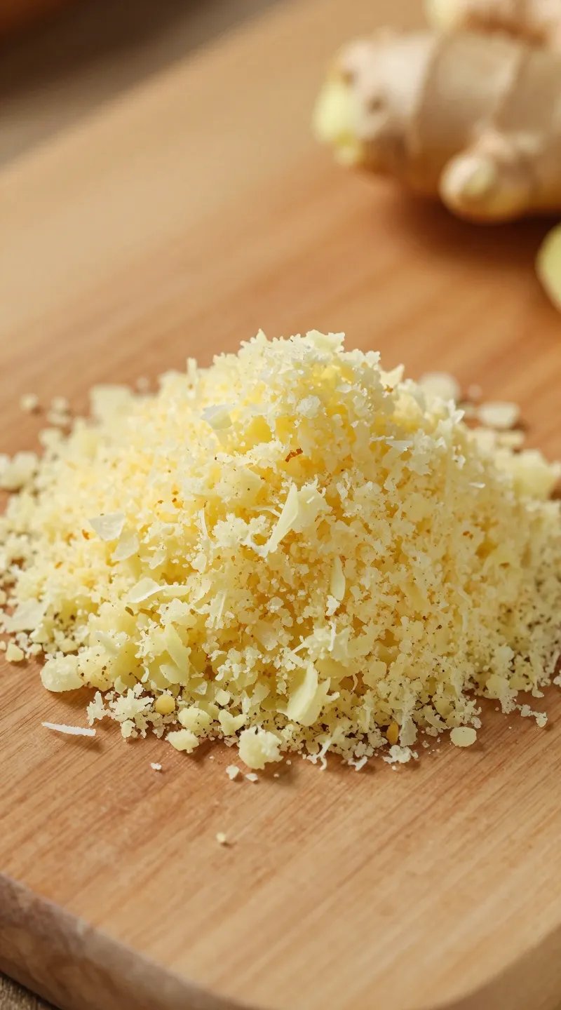 fresh grated ginger mound on wooden board, macro shot