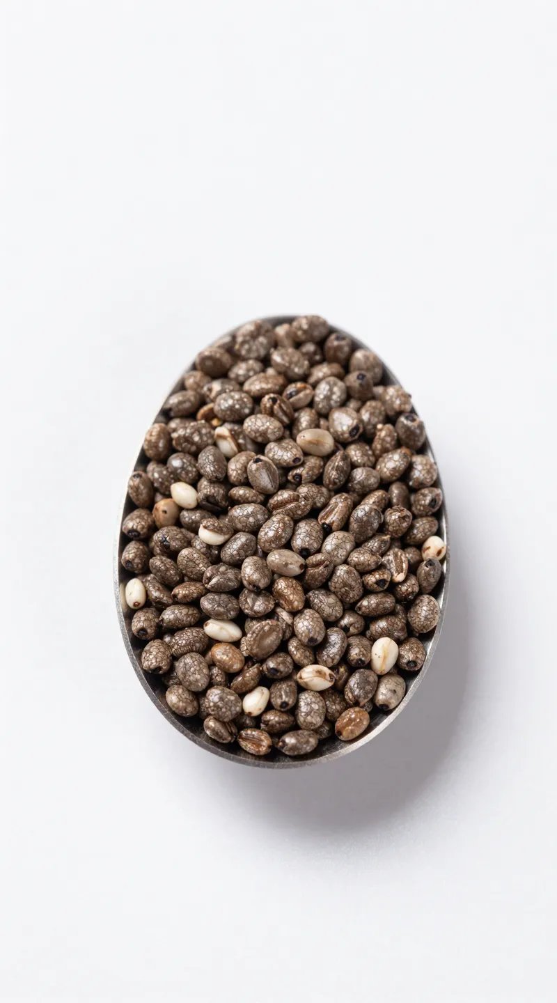 chia seed spoon macro on white background, sharp studio light