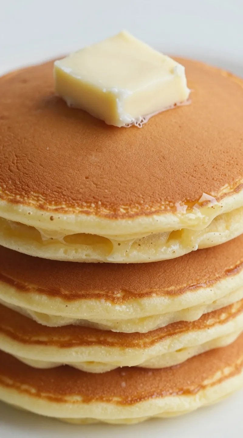 closeup stack of keto cream cheese pancakes with butter pat
