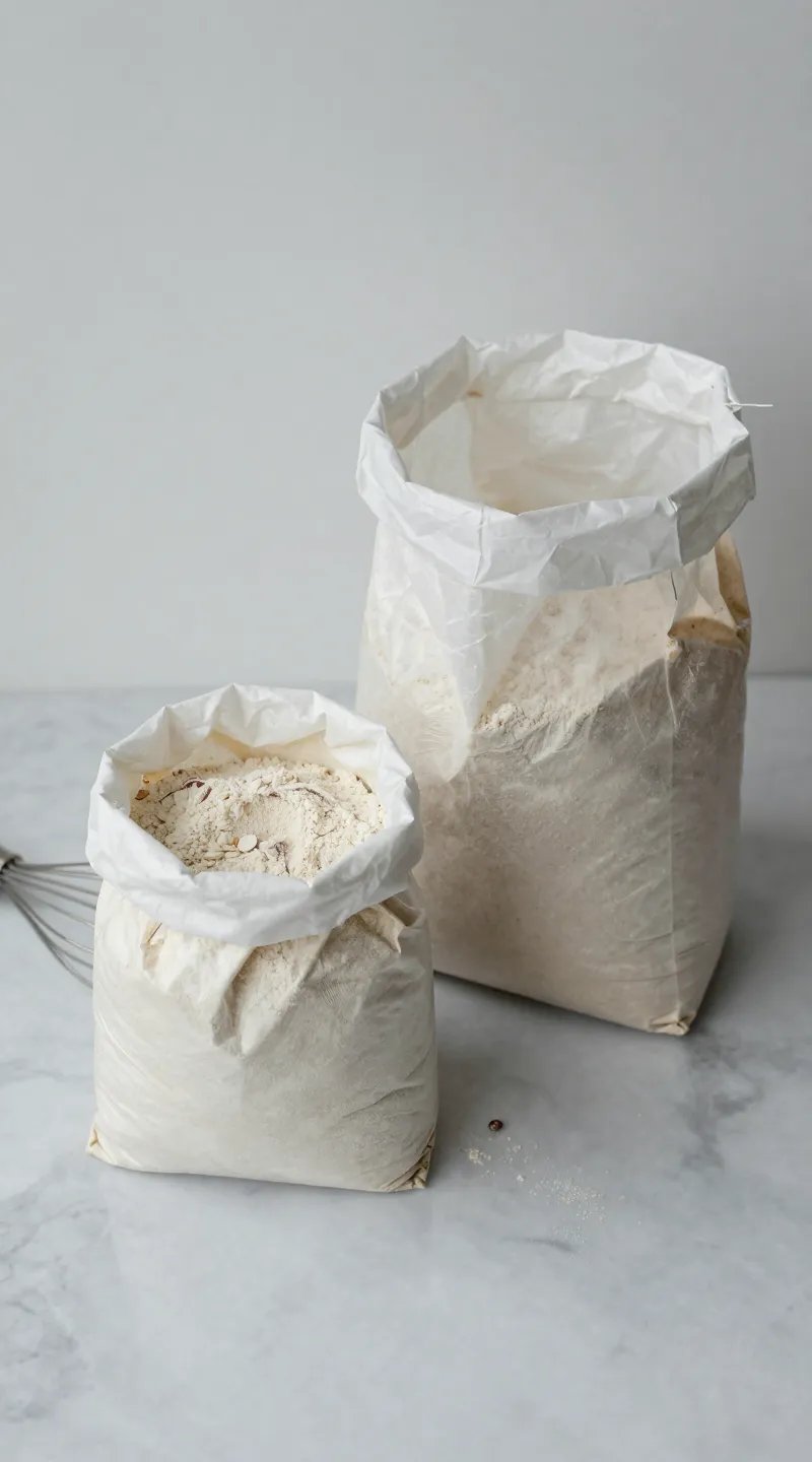 single almond flour bag beside whisk on marble countertop