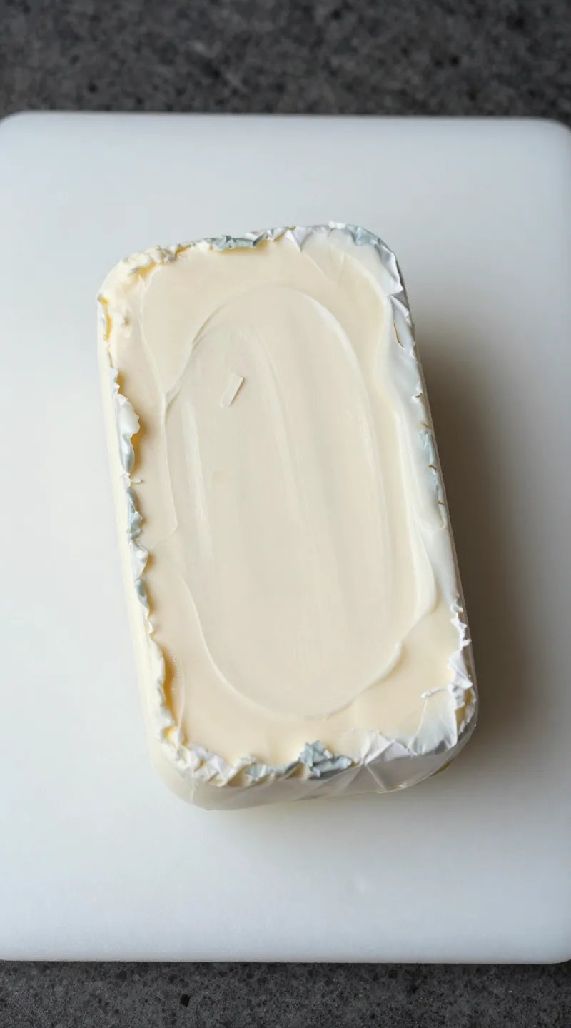 full-fat cream cheese block unwrapped on white cutting board