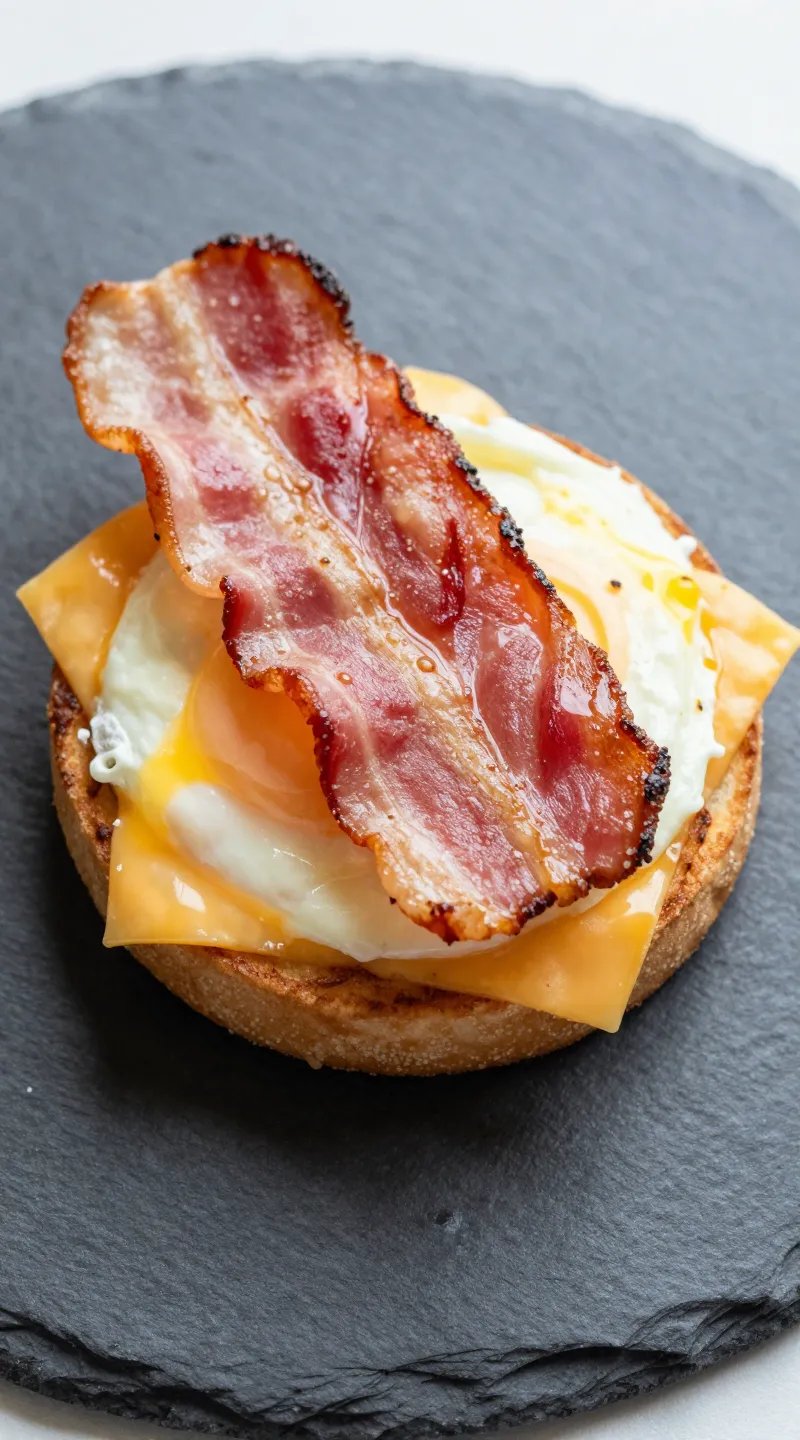 closeup bacon egg and cheese breakfast cup on matte slate plate