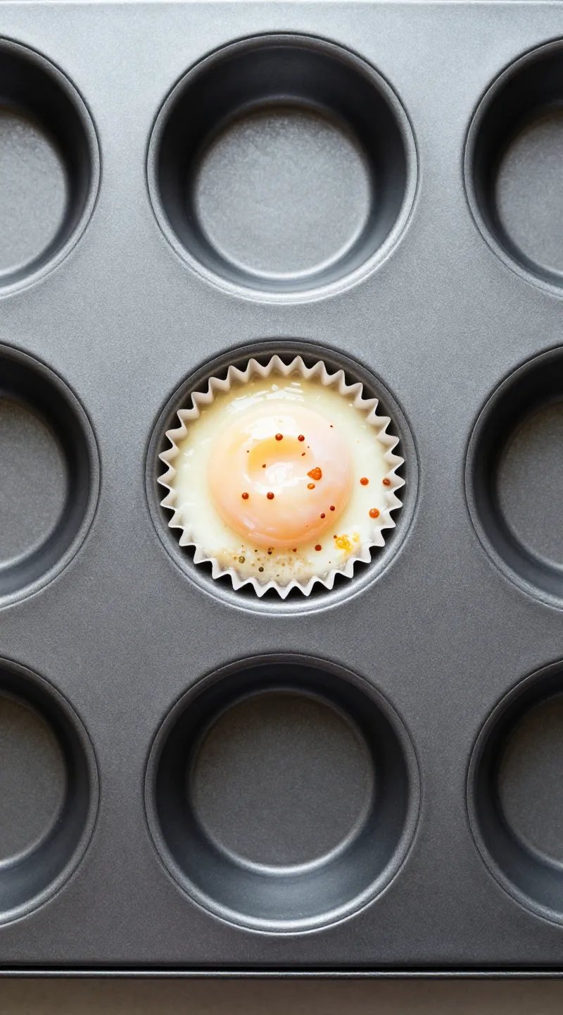 single keto breakfast cup in nonstick muffin tin, overhead