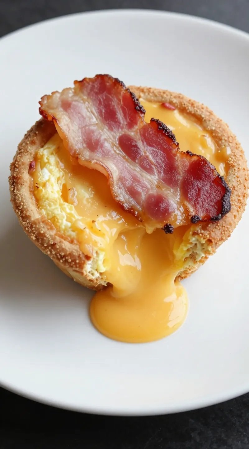 sliced bacon egg cheese cup showing gooey center, on white ceramic plate