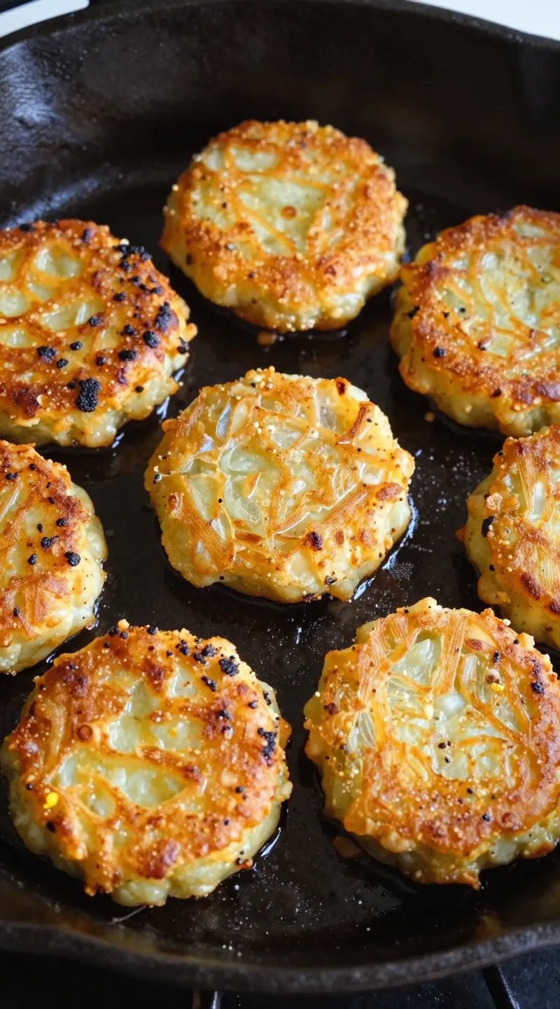 closeup of keto rutabaga hash browns in cast-iron skillet