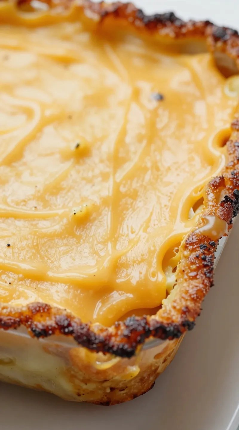melted cheddar topping on casserole corner, extreme closeup, crispy edges