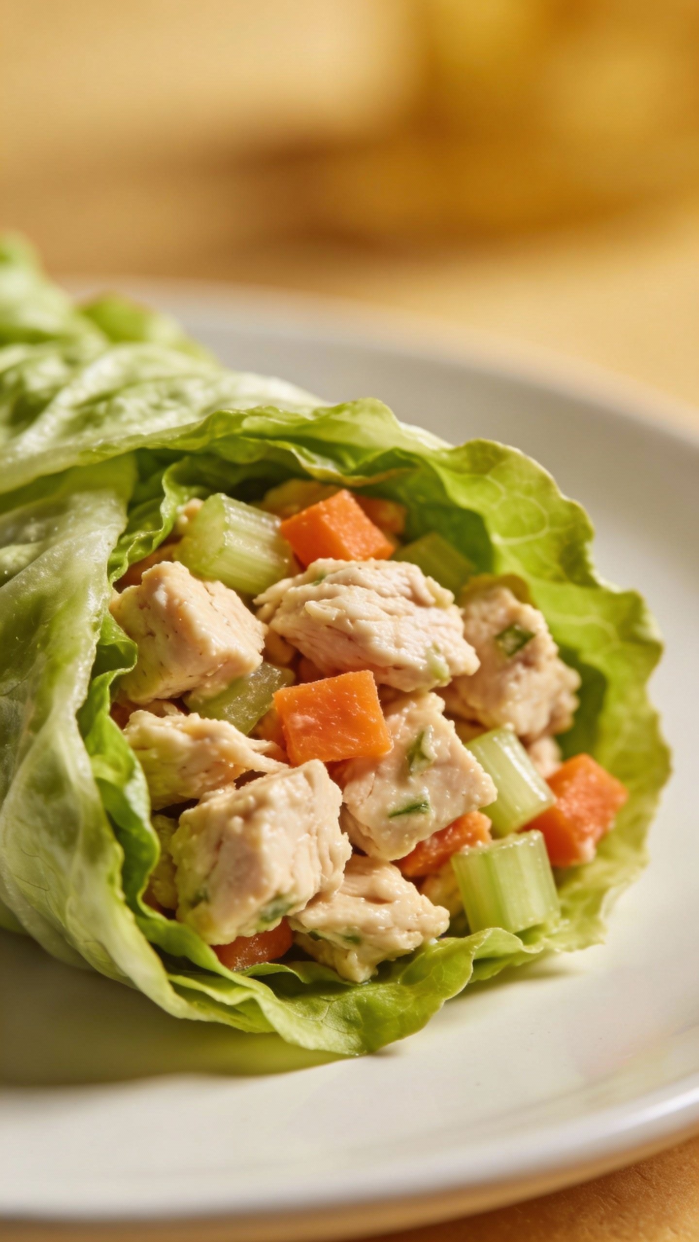 closeup chicken salad lettuce wrap on white plate