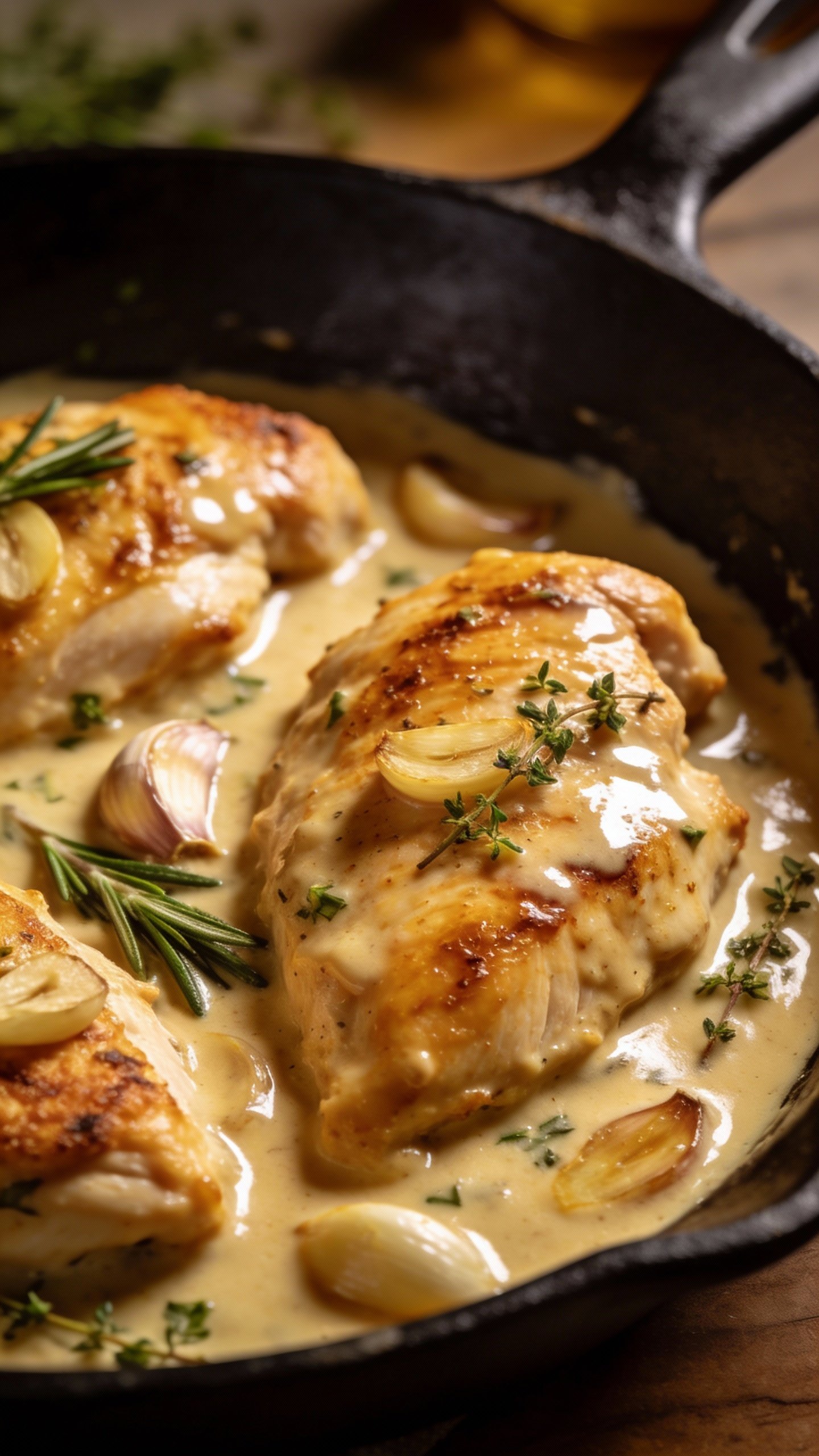 closeup of Tuscan garlic chicken in creamy sauce, skillet