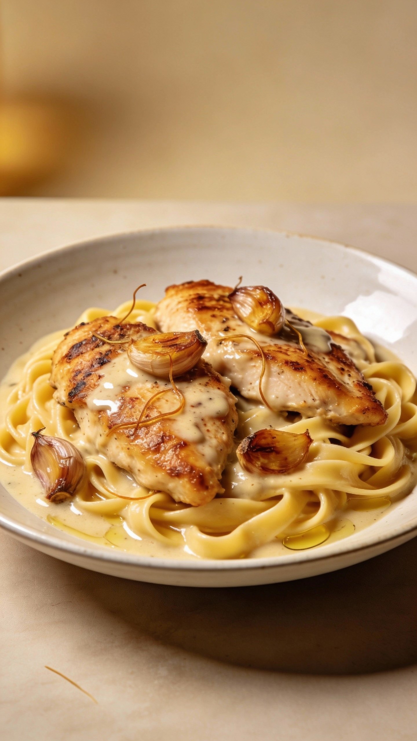 single plate of Tuscan garlic chicken over fettuccine