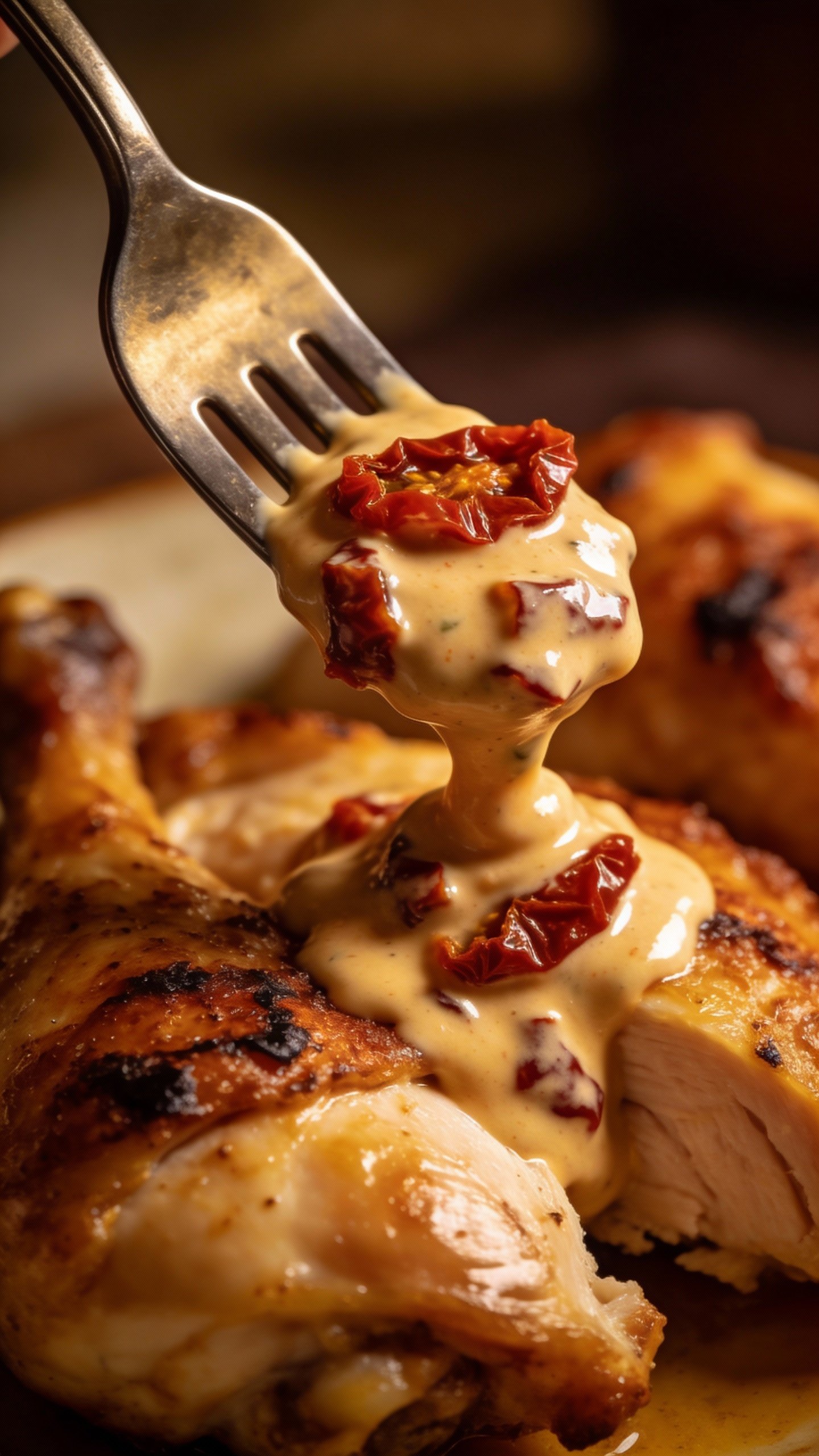 fork lifting sun-dried tomato cream sauce from chicken
