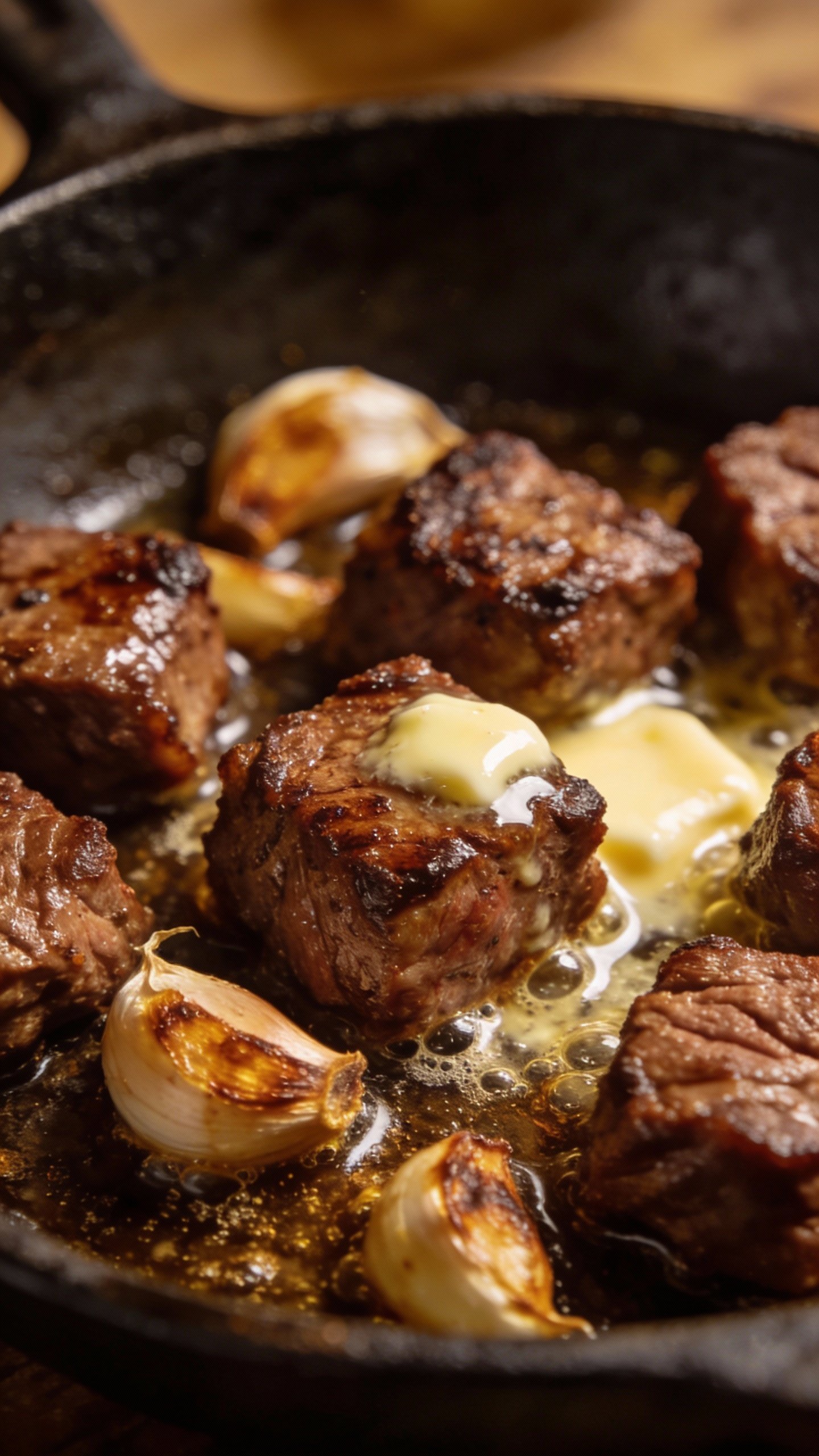 closeup of seared steak bites in garlic butter skillet