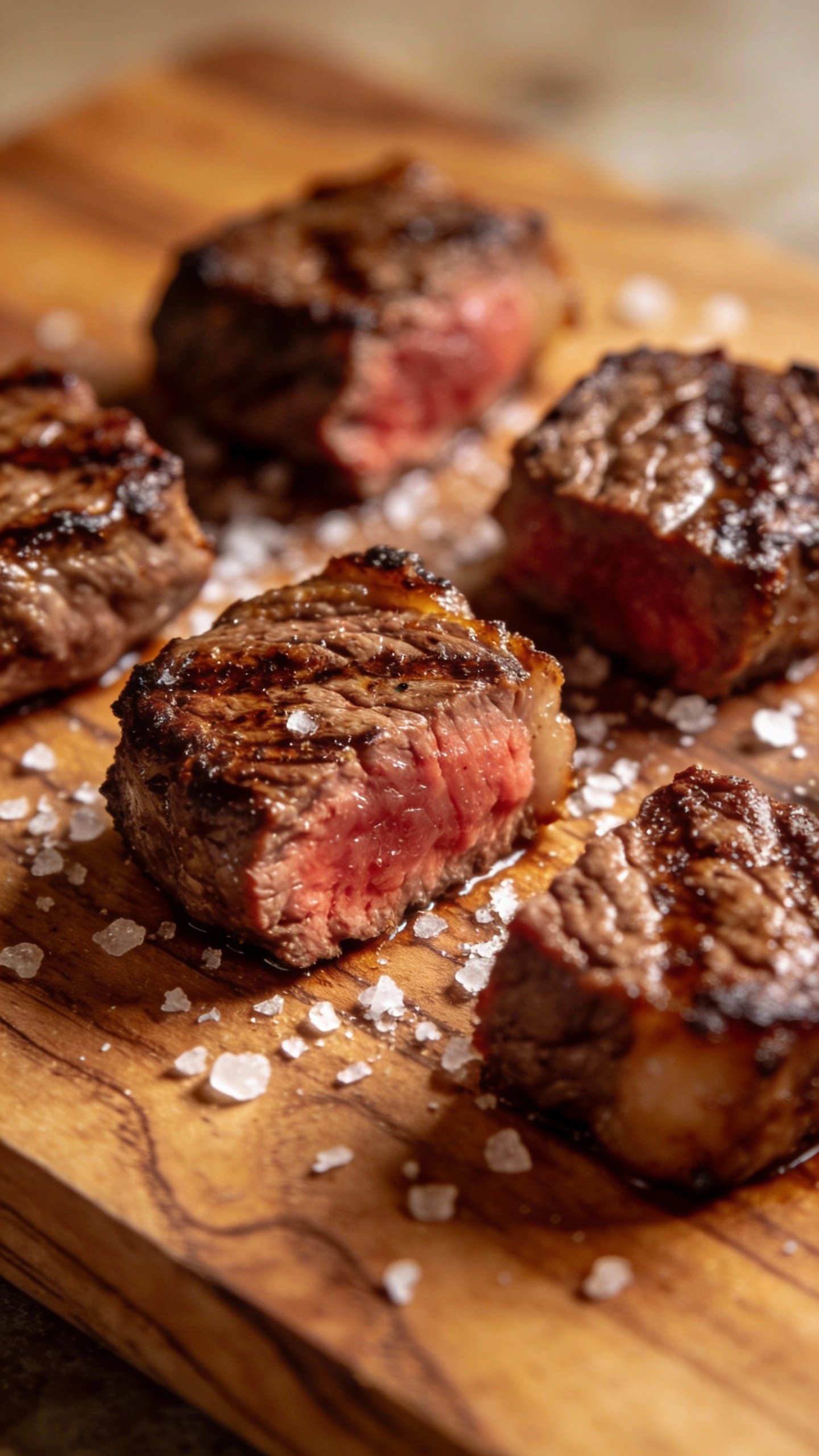 ribeye steak bites resting on wooden board, coarse salt
