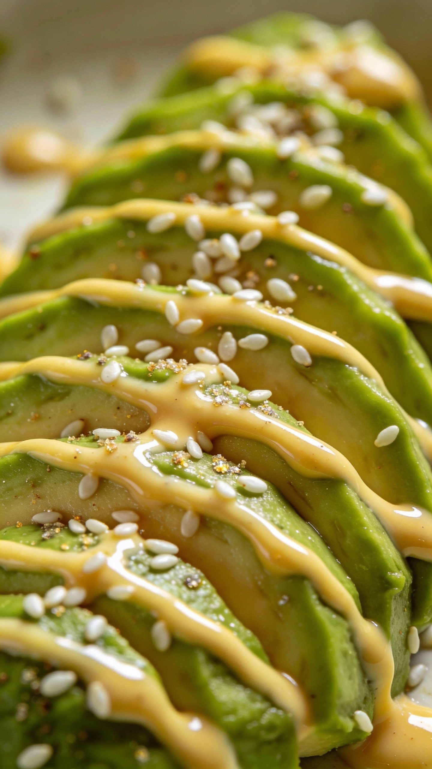 Sliced avocado fan with sesame and tahini drizzle, macro