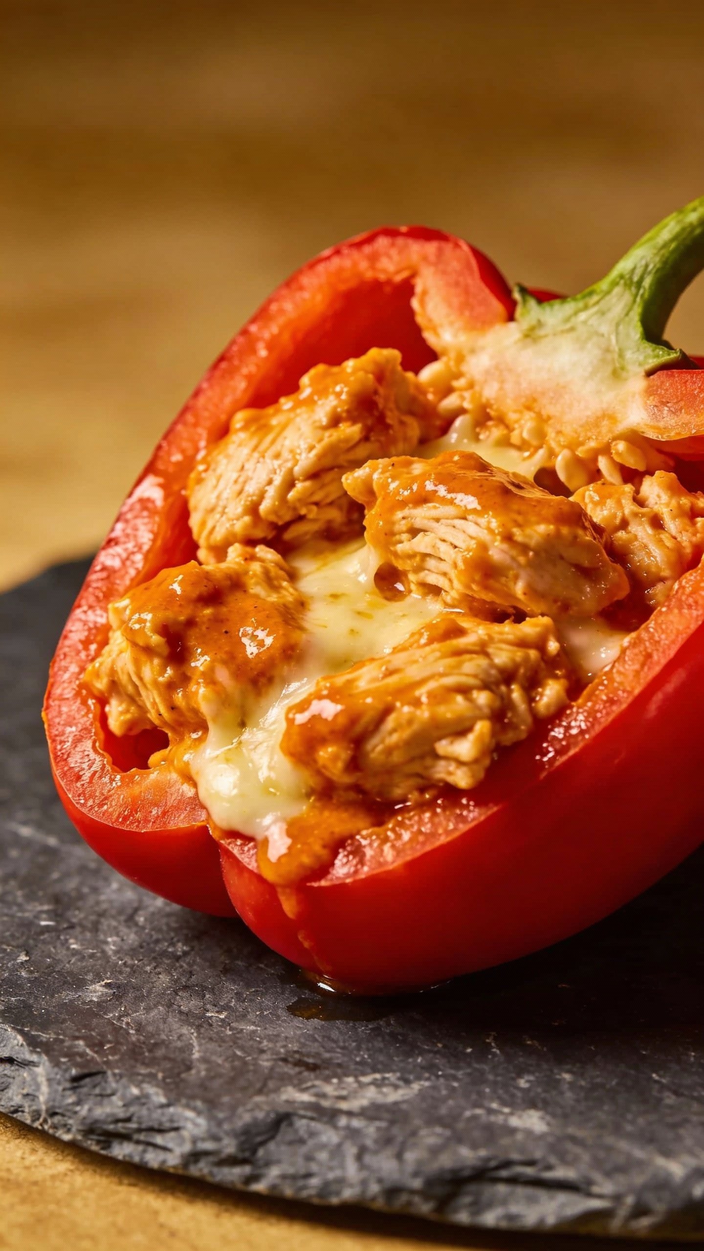 closeup buffalo chicken stuffed red bell pepper on slate plate