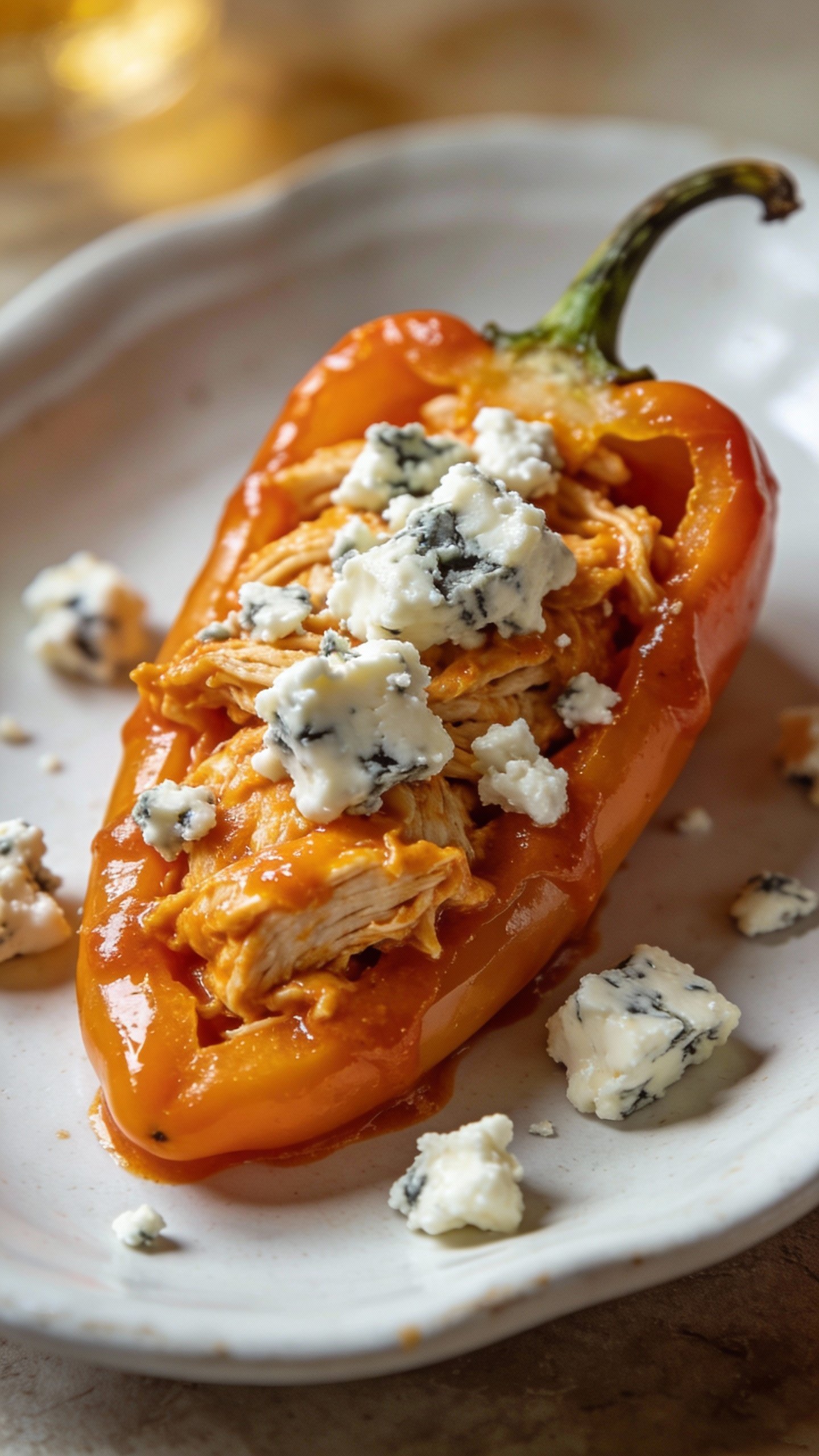 blue cheese–topped buffalo chicken pepper on white ceramic plate