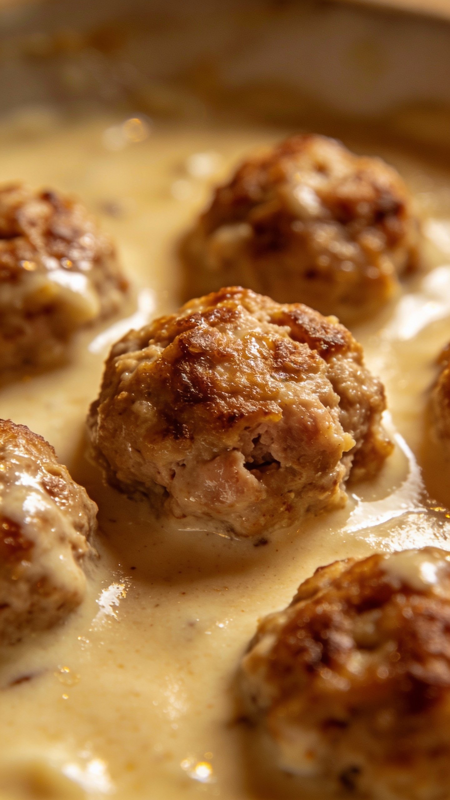 closeup of turkey meatballs in silky cream sauce, shallow depth
