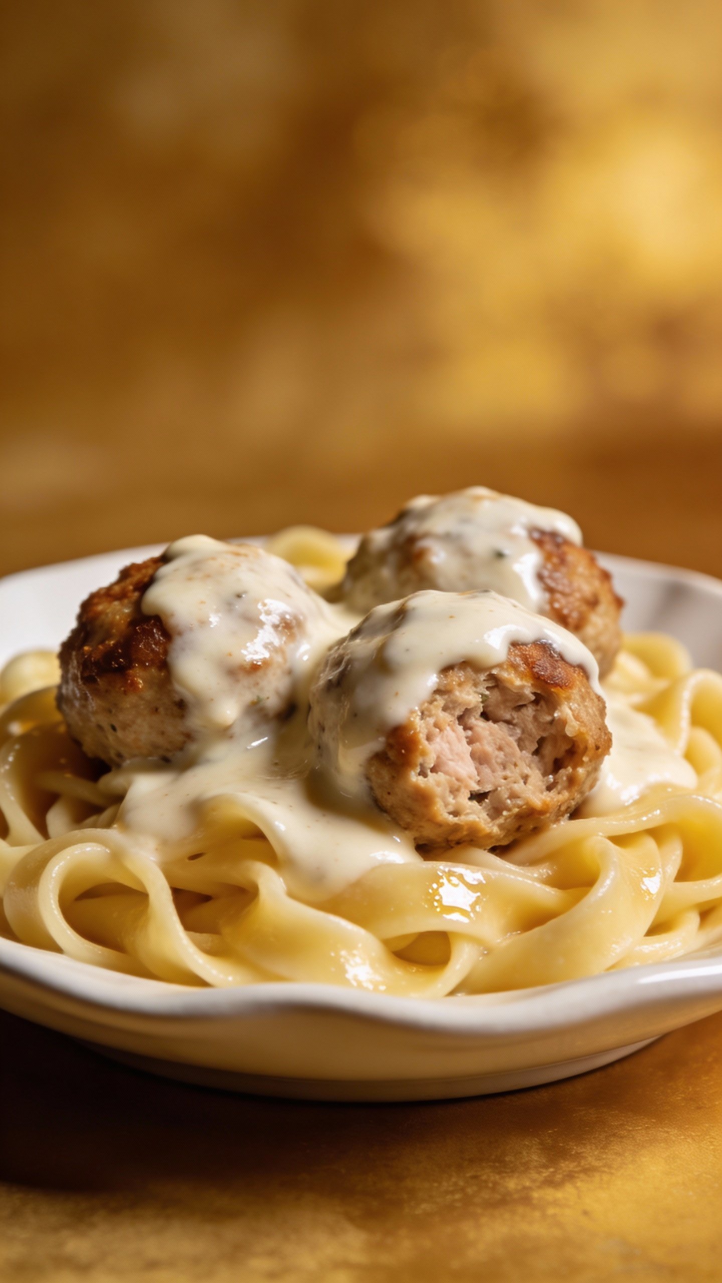 single plate of turkey meatballs with cream sauce over buttered noodles
