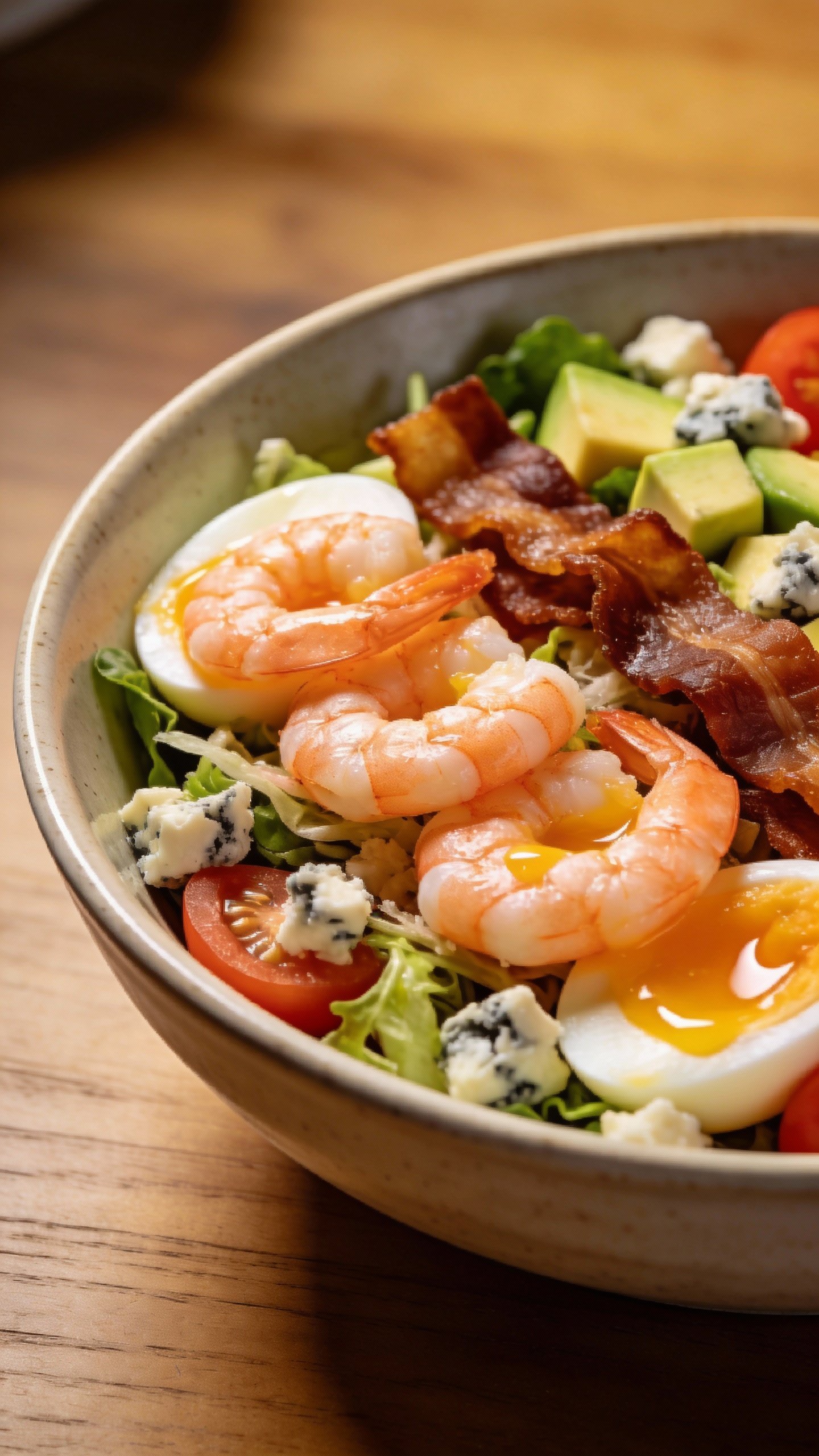 Closeup shrimp Cobb salad bowl with jammy eggs and bacon