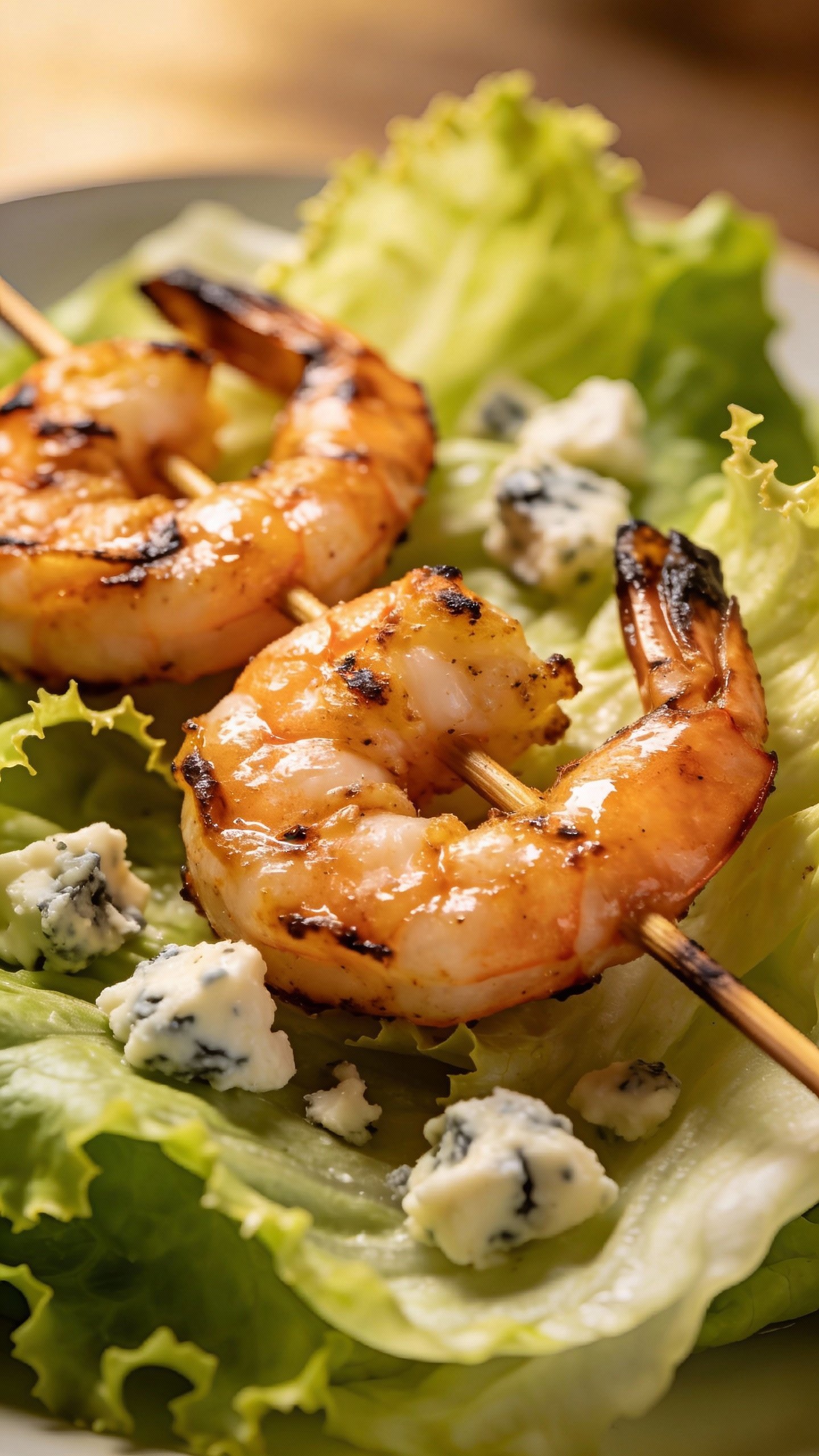 Grilled shrimp skewers over crisp romaine with blue cheese crumbles