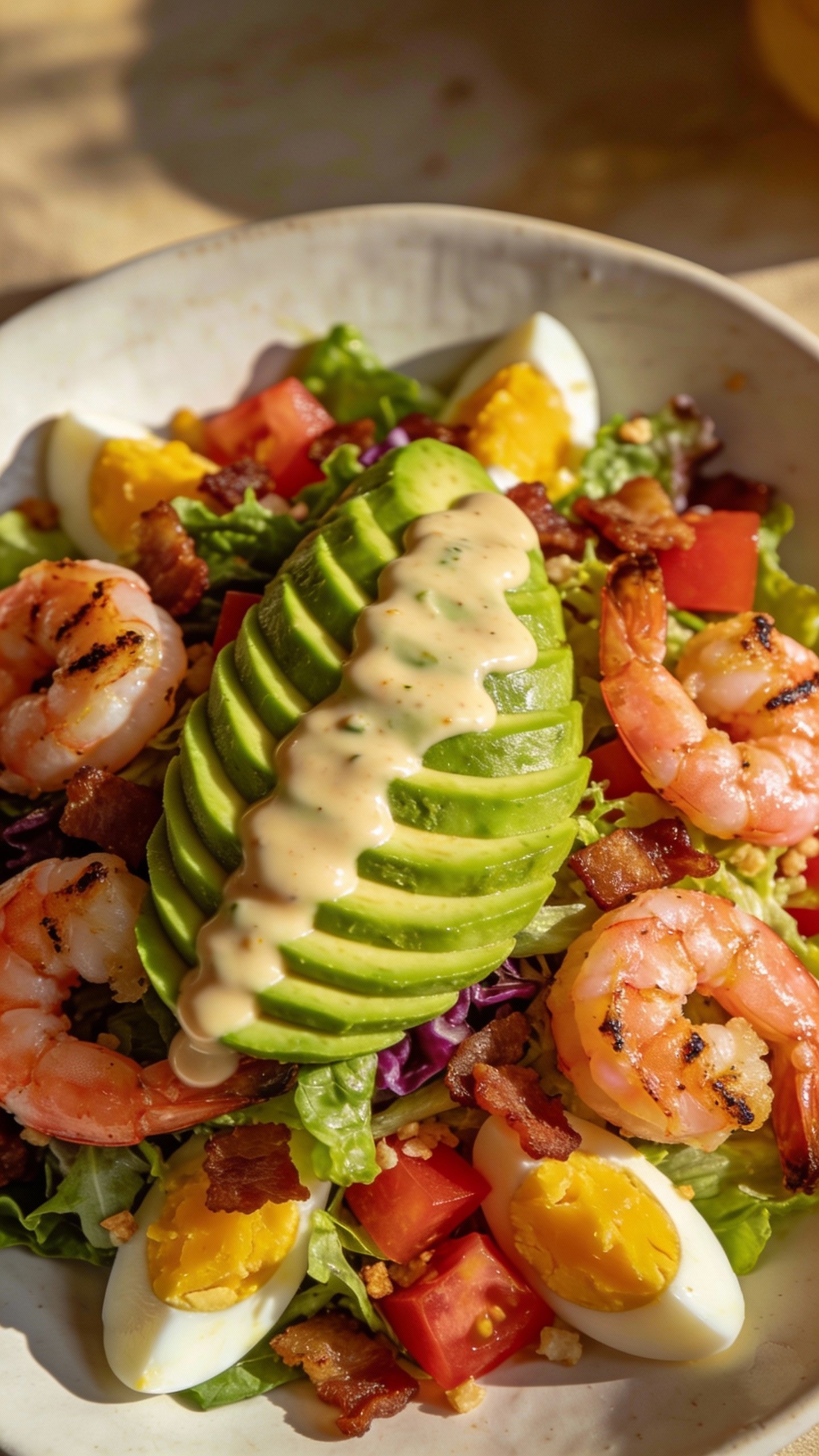 Sliced avocado fan on shrimp Cobb salad with creamy dressing