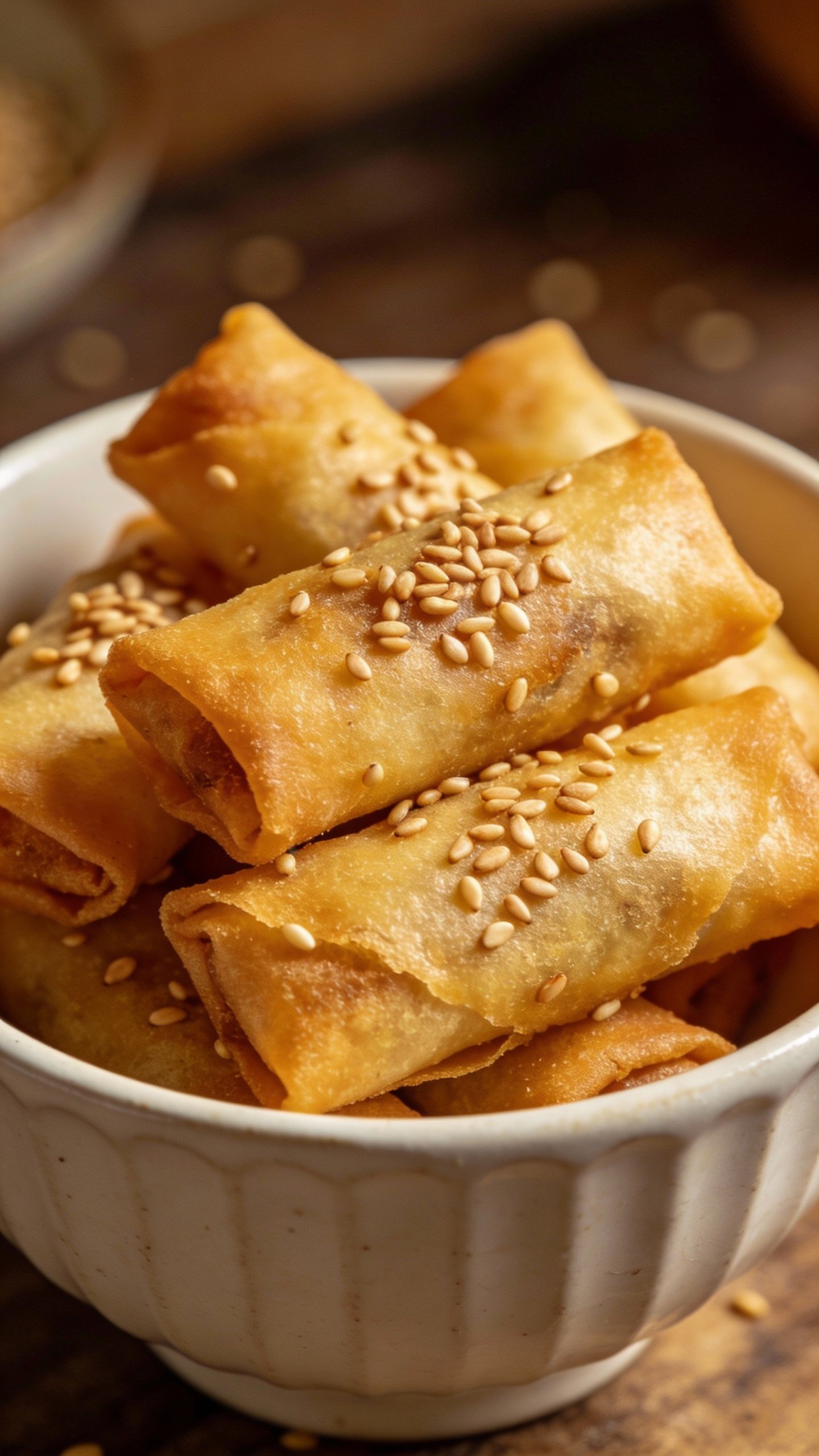 closeup bowl of egg roll in a bowl, sesame garnish
