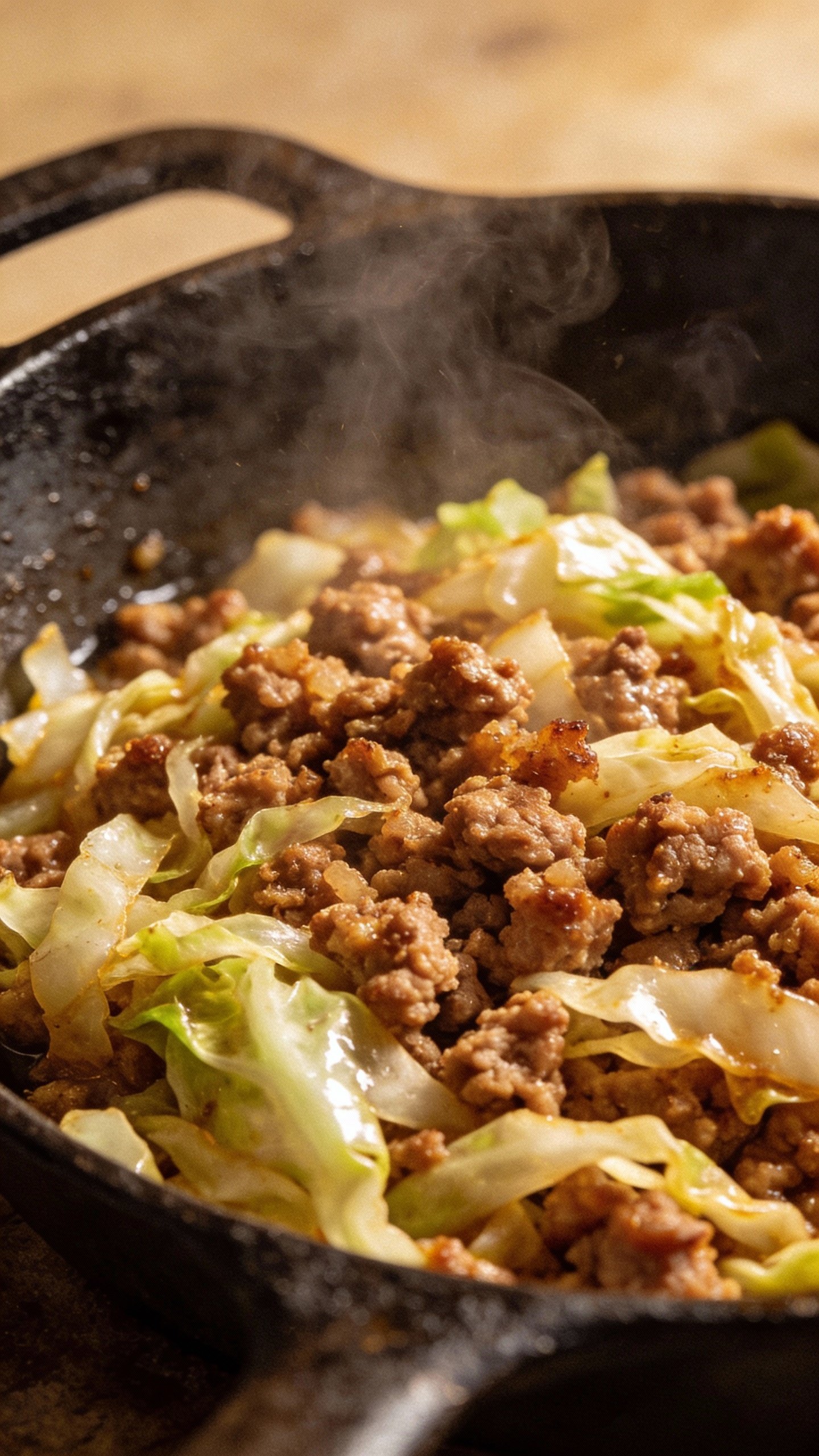 ground pork stir-fry with shredded cabbage, steaming, in skillet