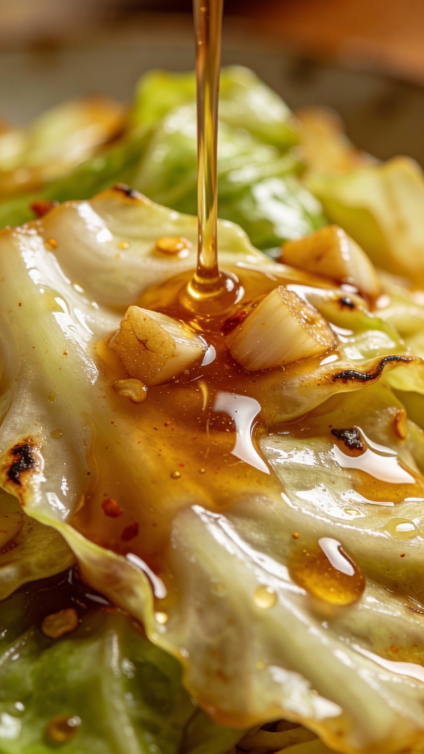 glossy ginger-garlic sauce drizzled over cabbage stir-fry, macro shot