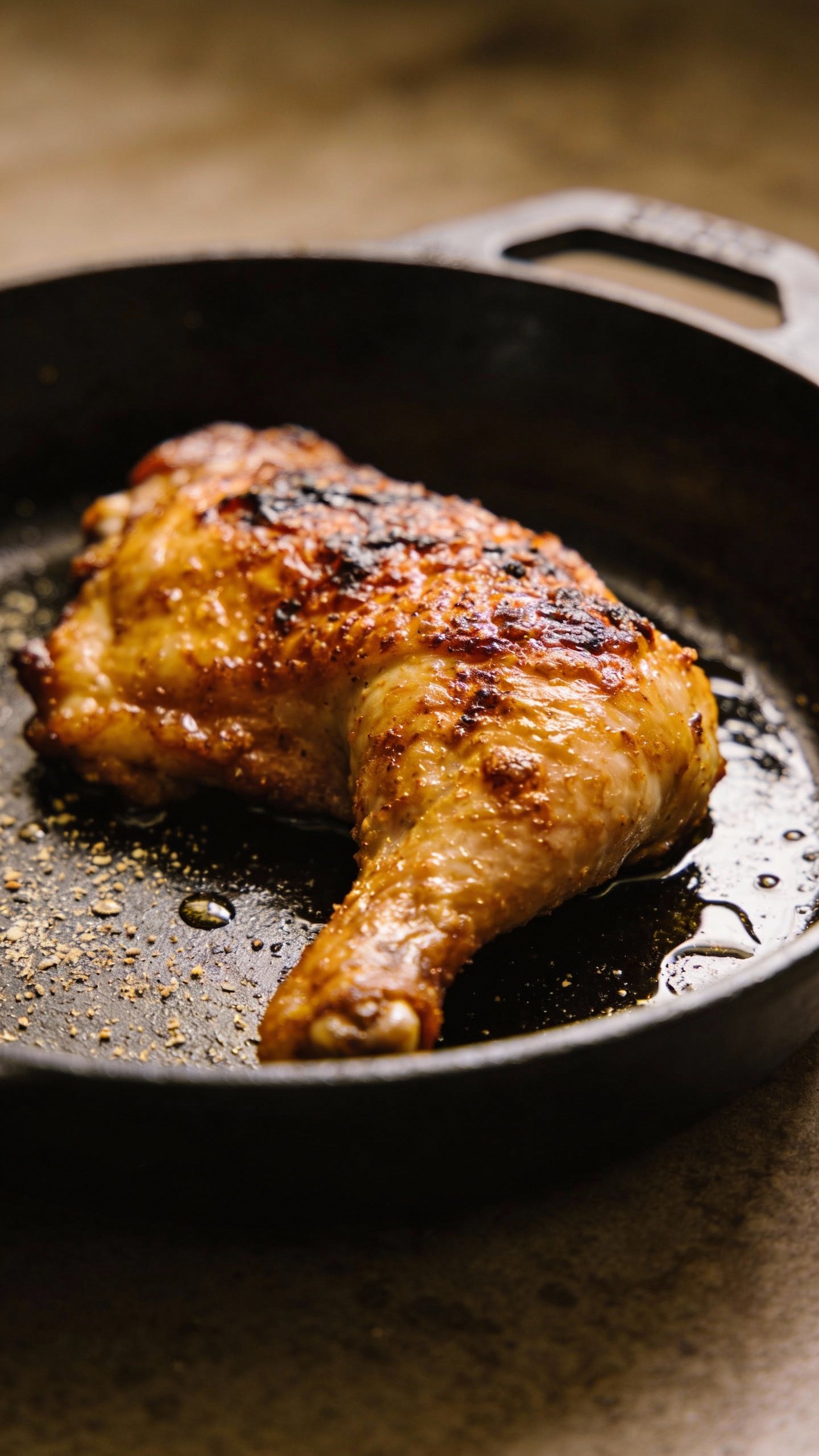 Closeup single crispy chicken thigh, blistered skin, cast-iron pan