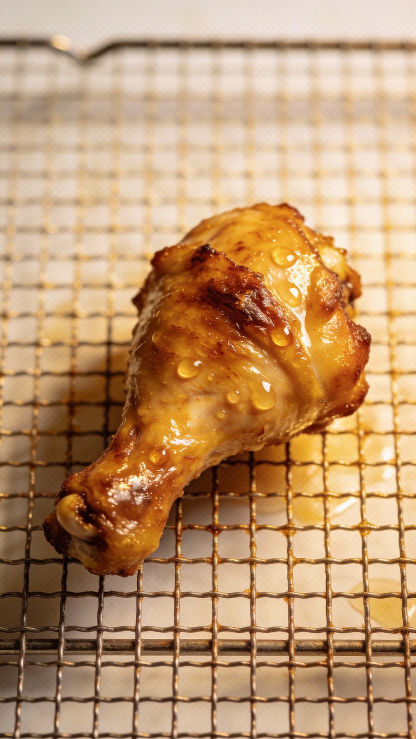 Golden chicken thigh on wire rack, rendered fat glistening