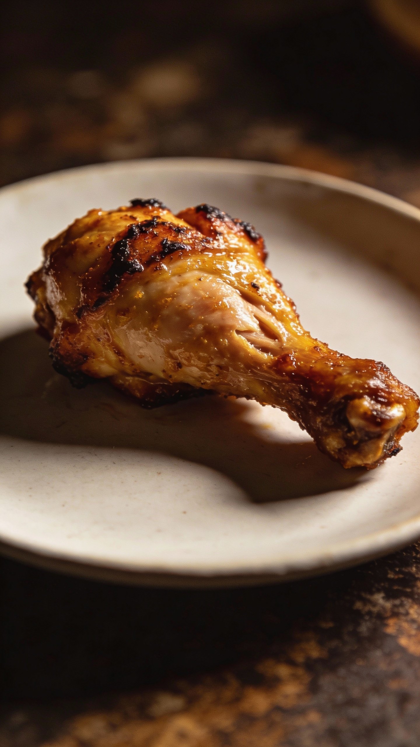 Single plated crispy chicken thigh, crunchy skin, dramatic side light