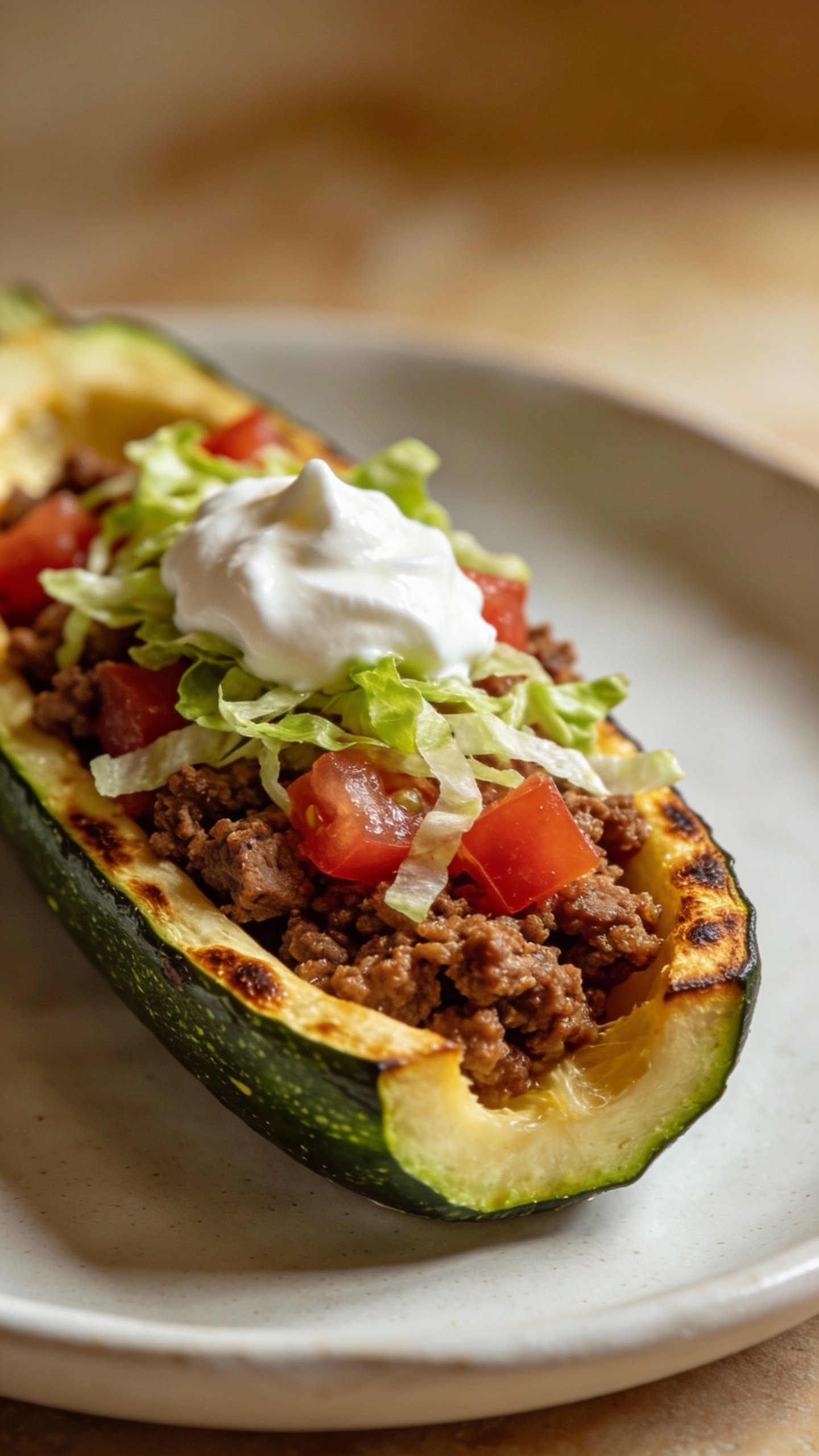 closeup taco zucchini boat on matte white plate