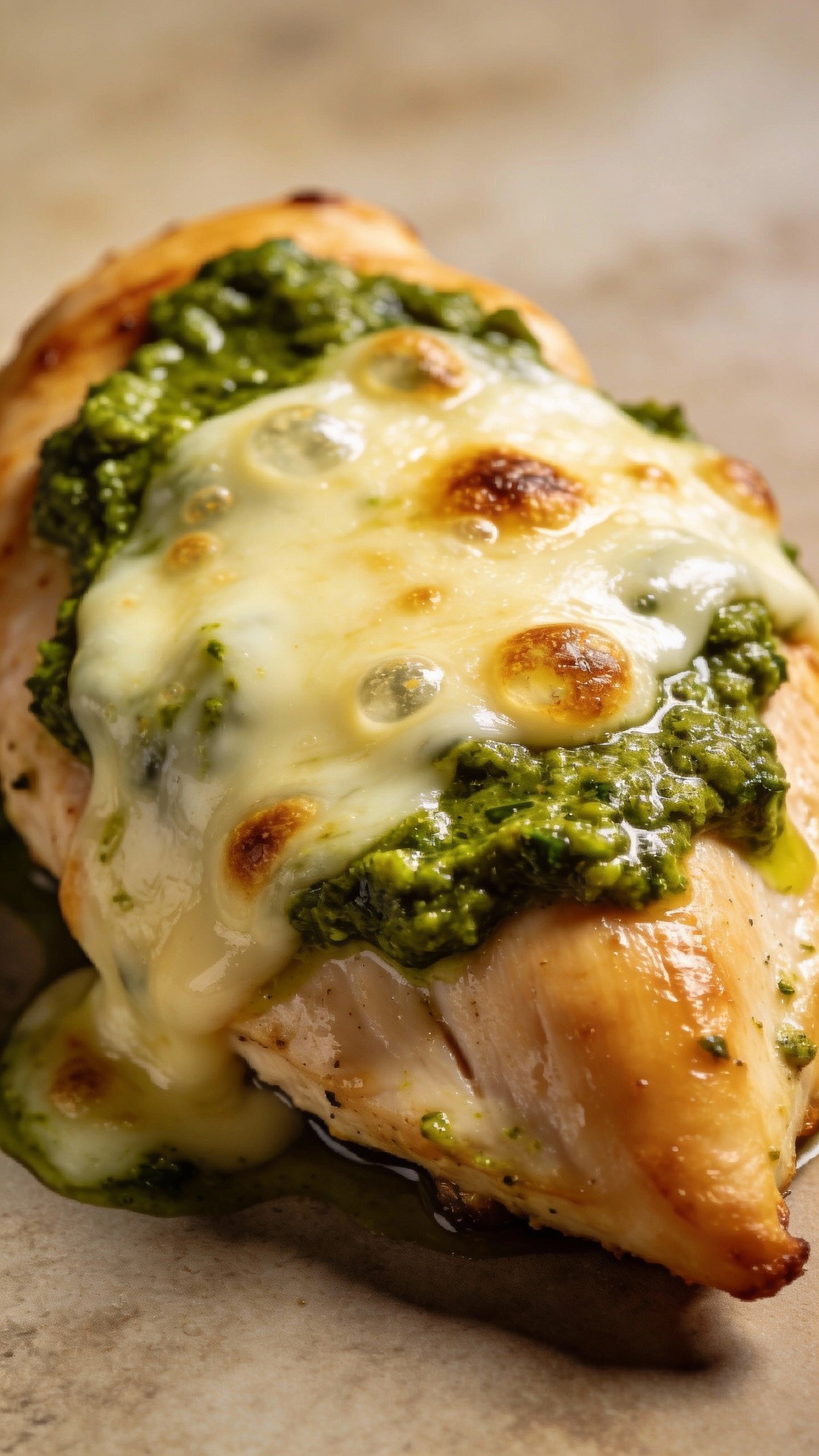 closeup of pesto chicken breast with melted mozzarella, bubbly edges