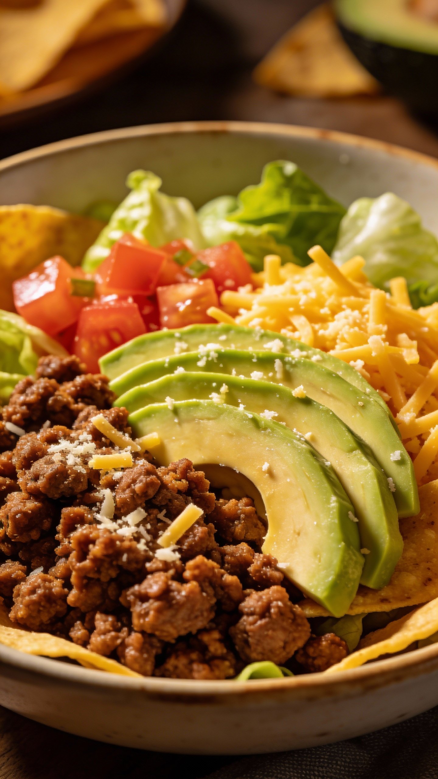 closeup bowl of protein taco salad with beef and avocado