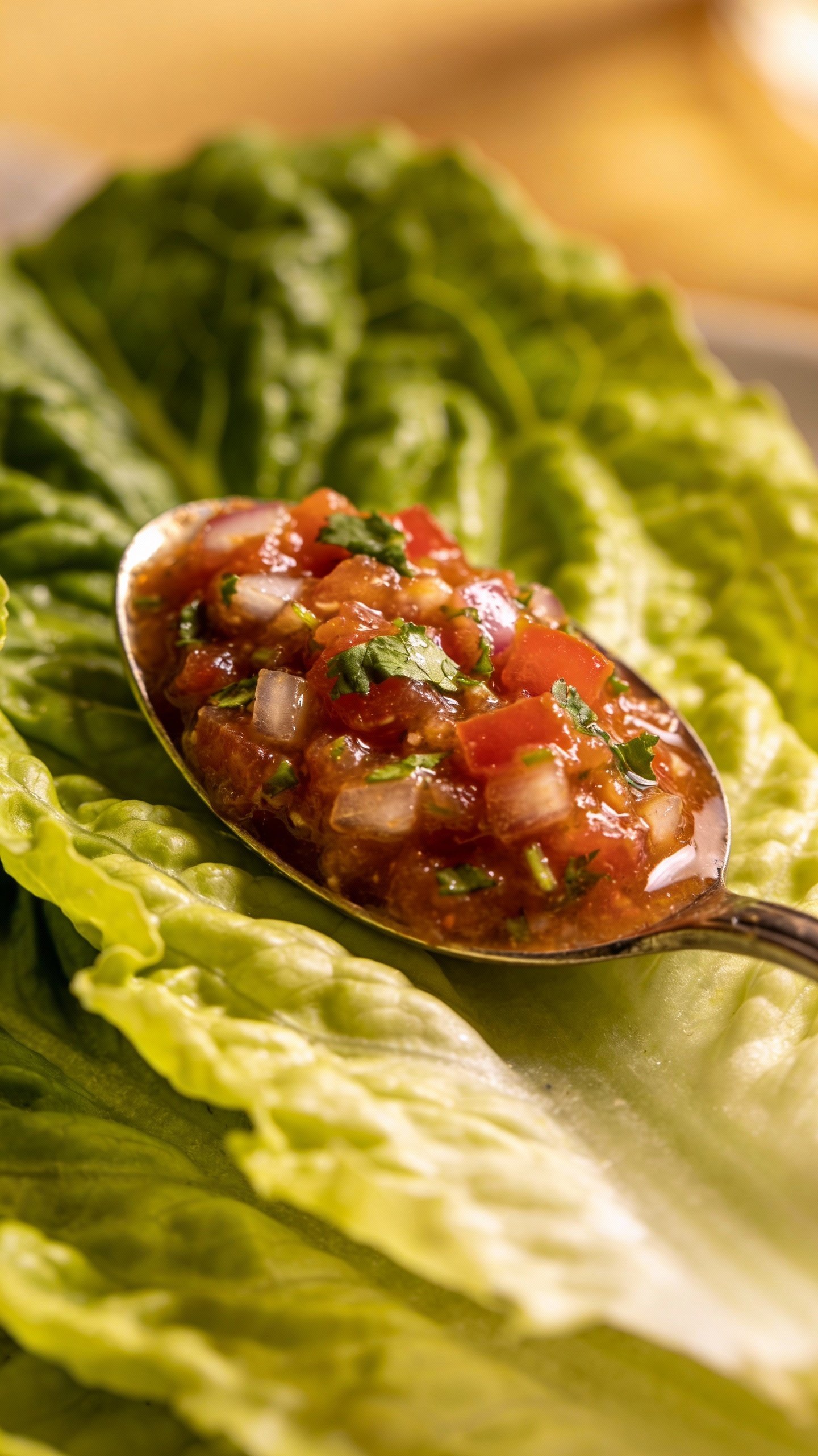 single spoonful of chunky salsa dressing over romaine