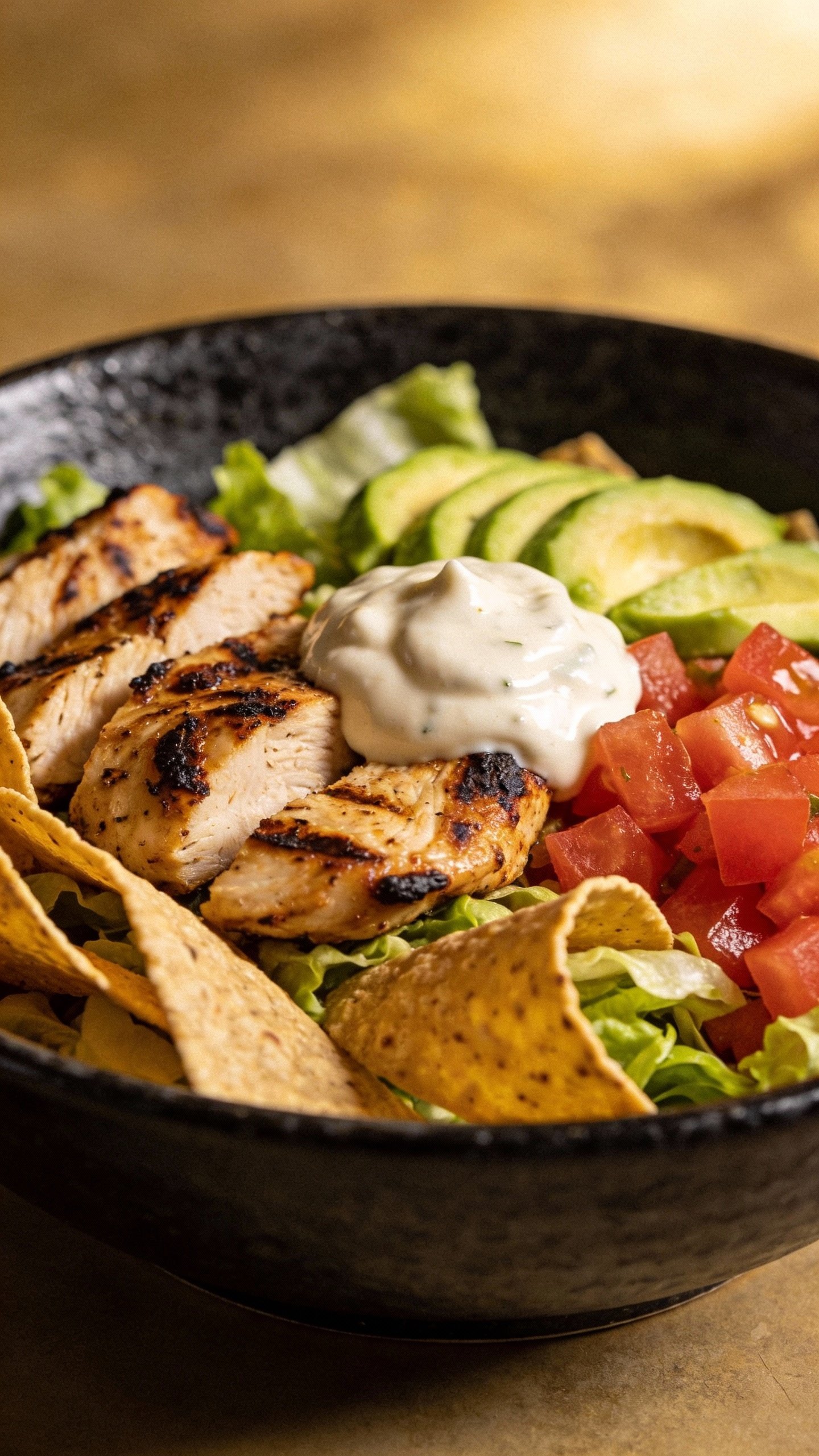 grilled chicken taco salad in matte black ceramic bowl