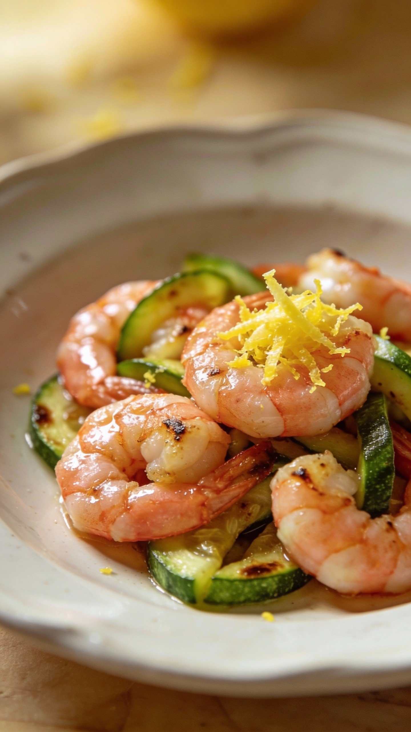 single plate shrimp zucchini sauté, bright lemon zest finish