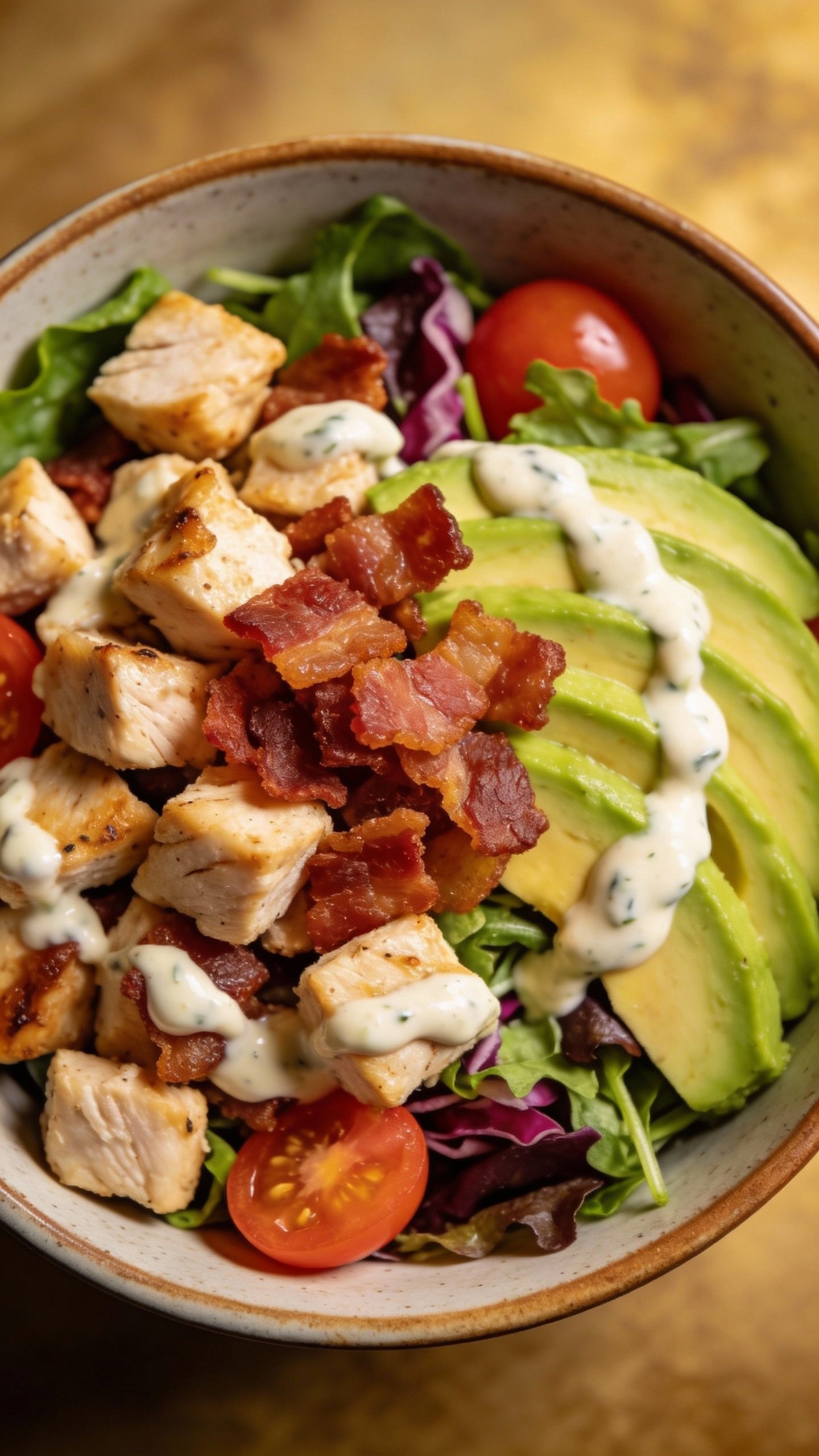 closeup chicken bacon ranch bowl with avocado, overhead