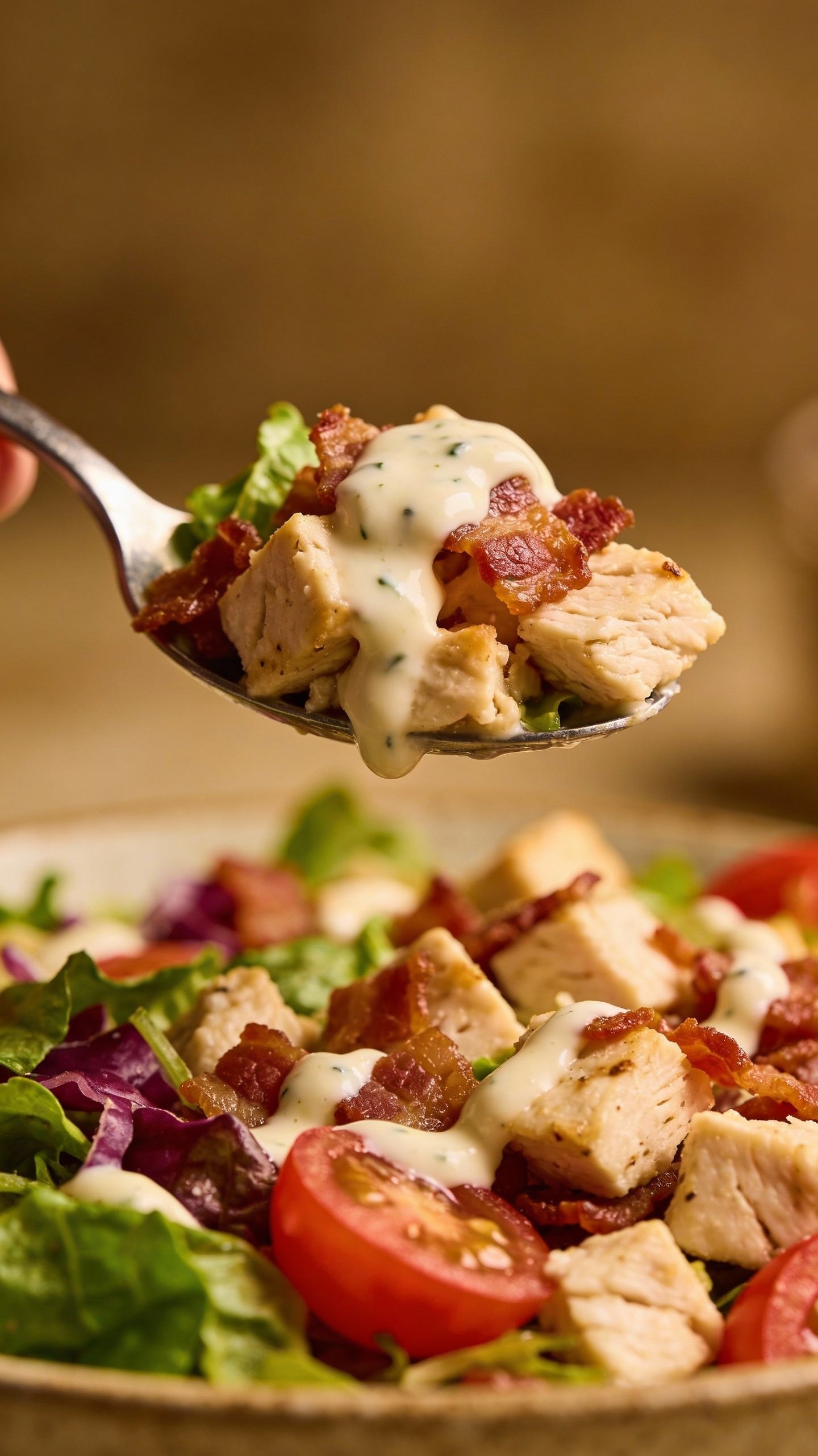 spoonful of chicken bacon ranch bowl, creamy drizzle