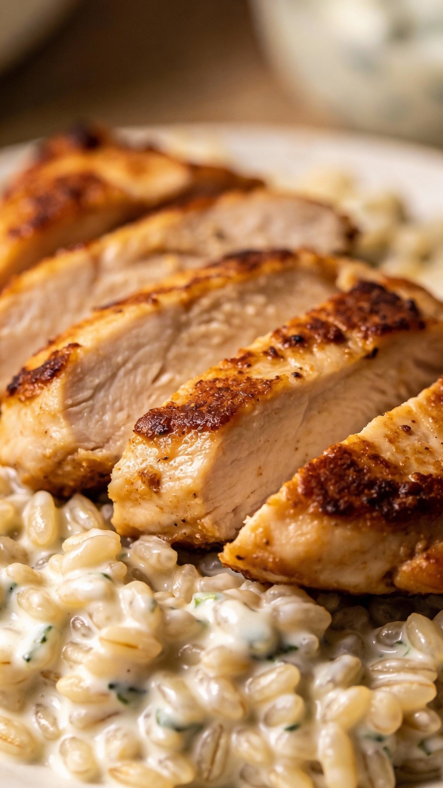 seared chicken thigh slices on ranch-dressed grains, closeup