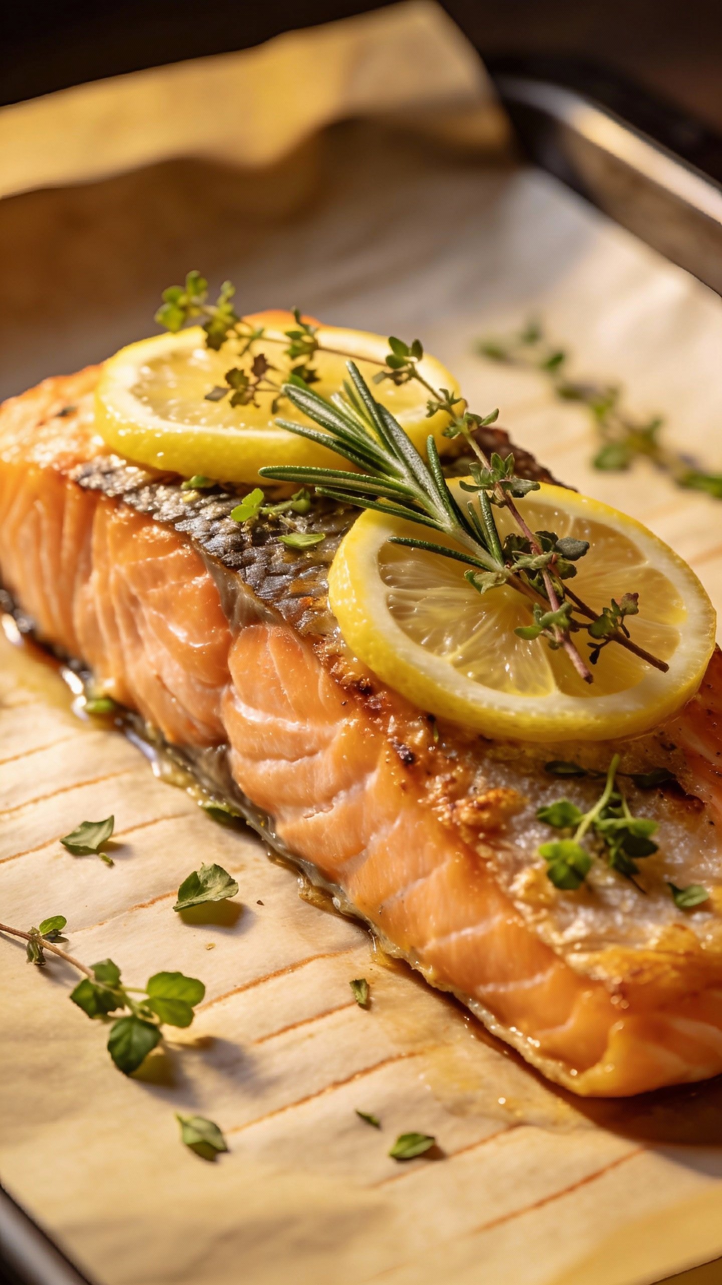 closeup lemon herb salmon fillet on parchment-lined baking sheet