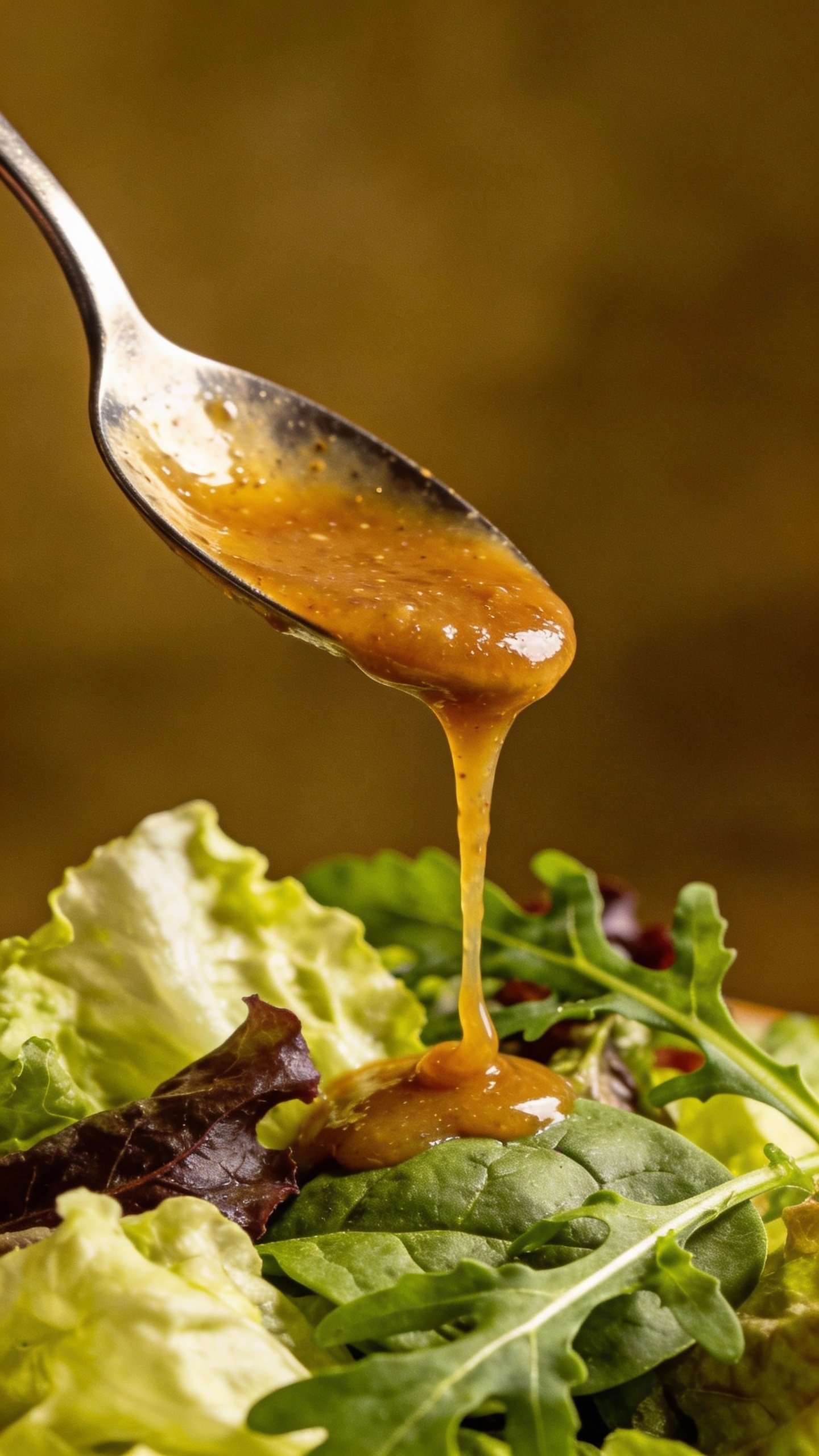 spoon drizzling tangy special sauce over salad greens