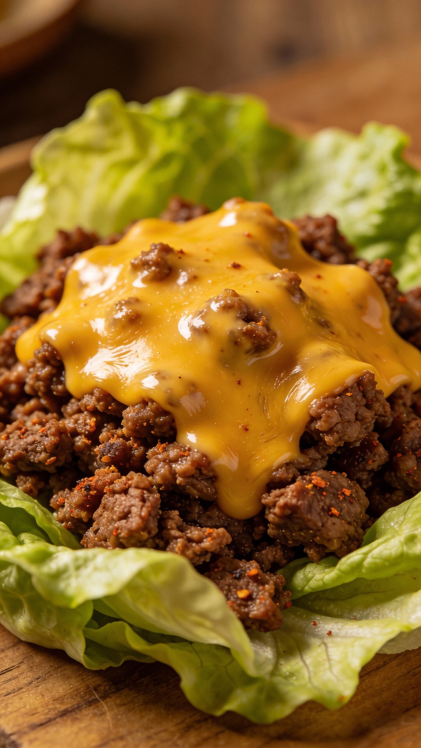 seasoned ground beef piled on romaine with melted cheddar