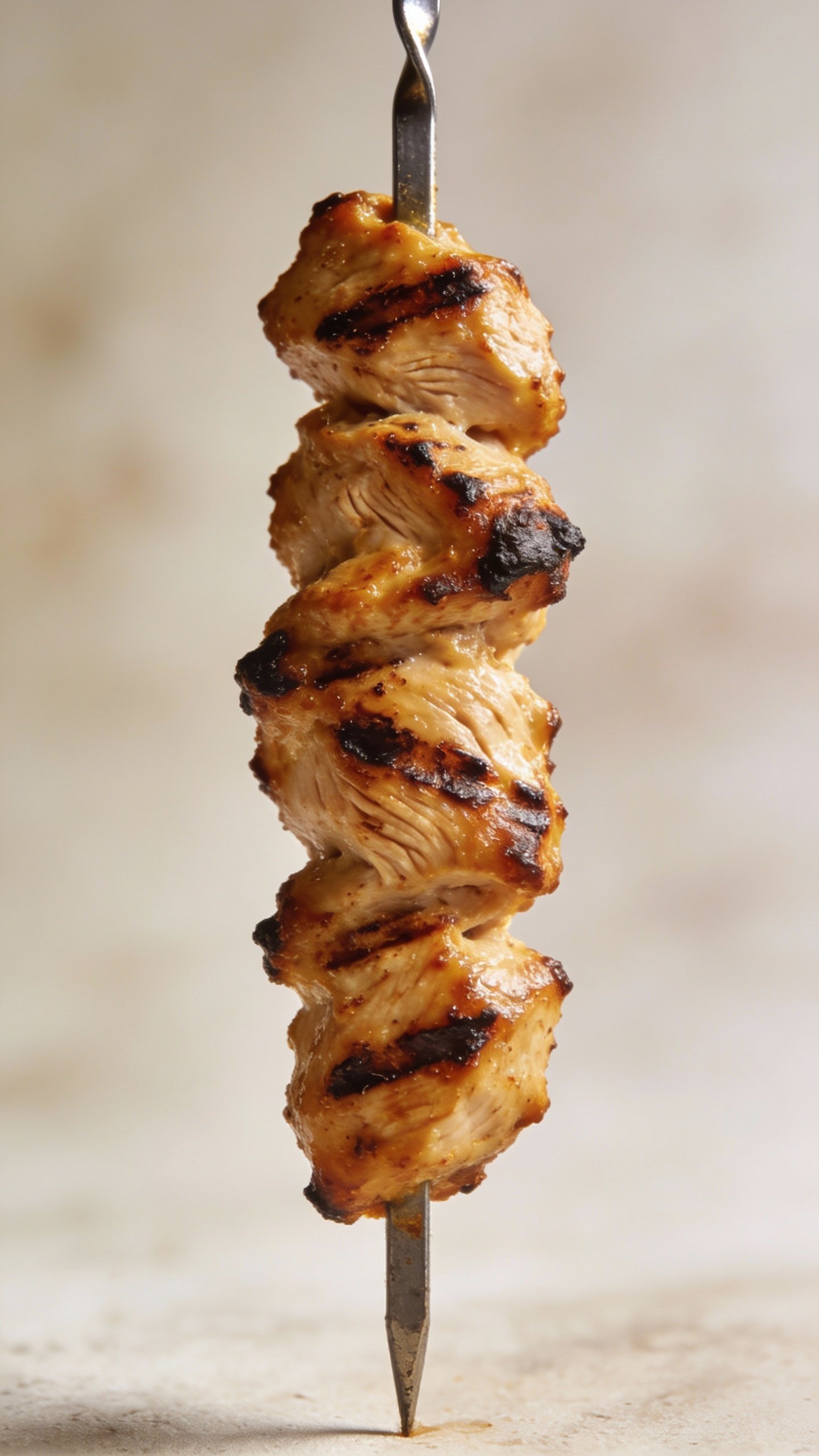 closeup of a single Greek chicken skewer with charred grill marks
