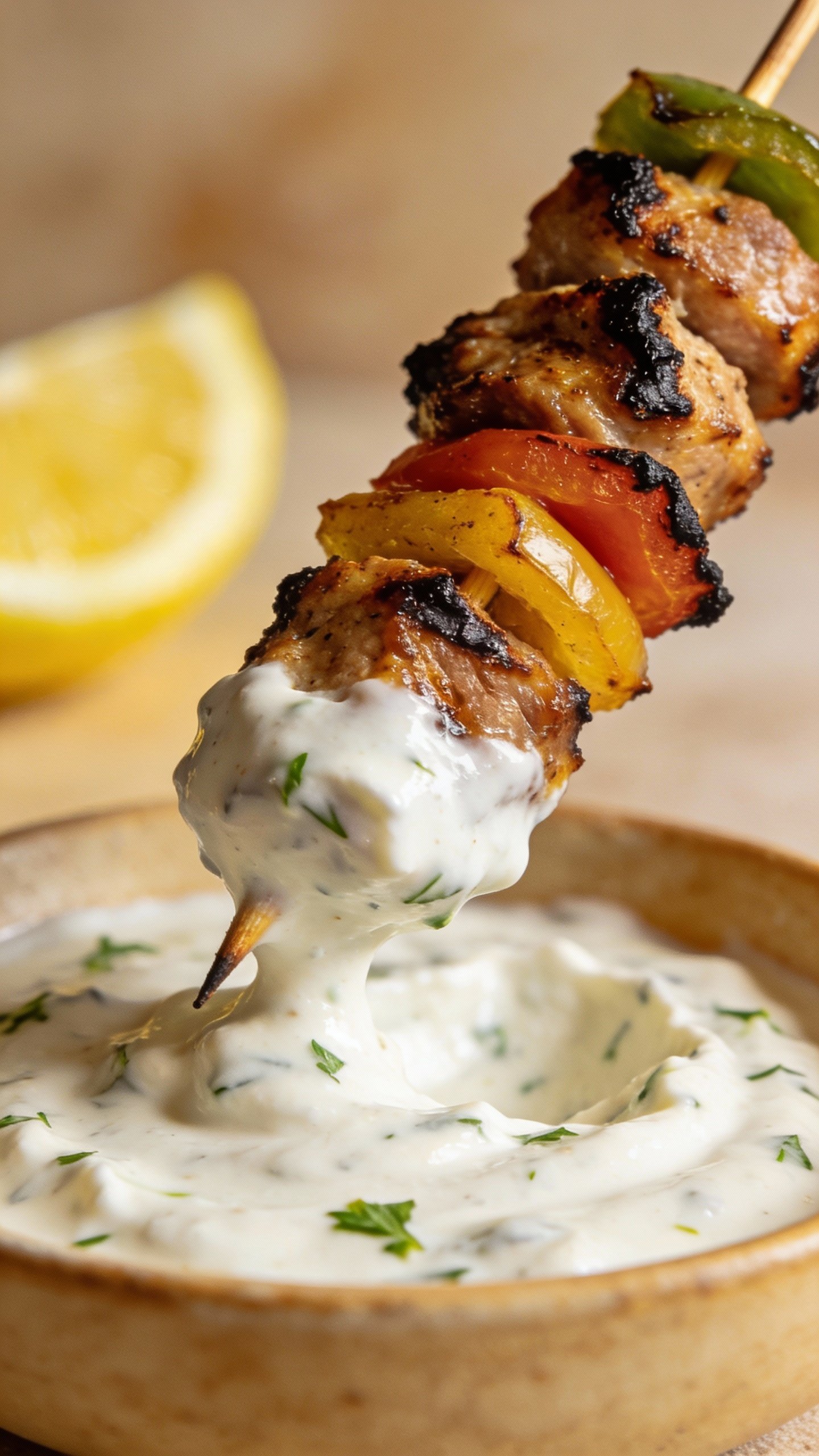 single skewer dipped in creamy tzatziki, lemon wedge blurred