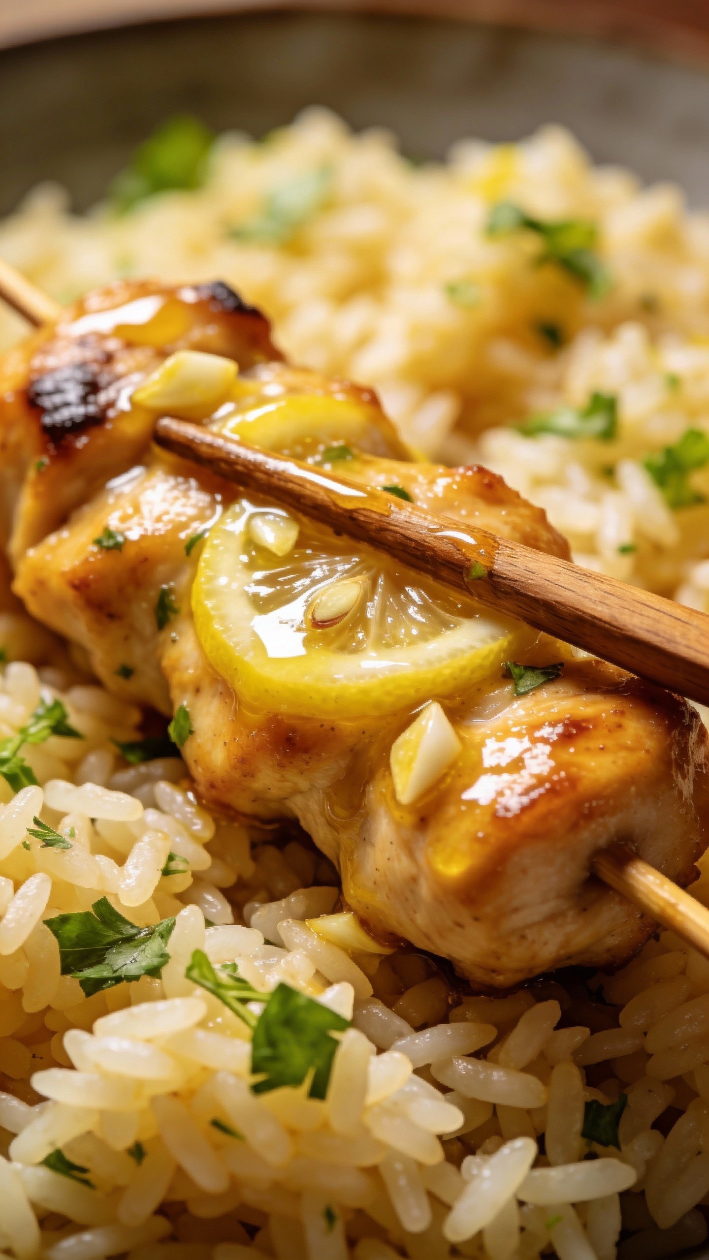 wooden skewer over herby rice, glistening lemon-garlic marinade
