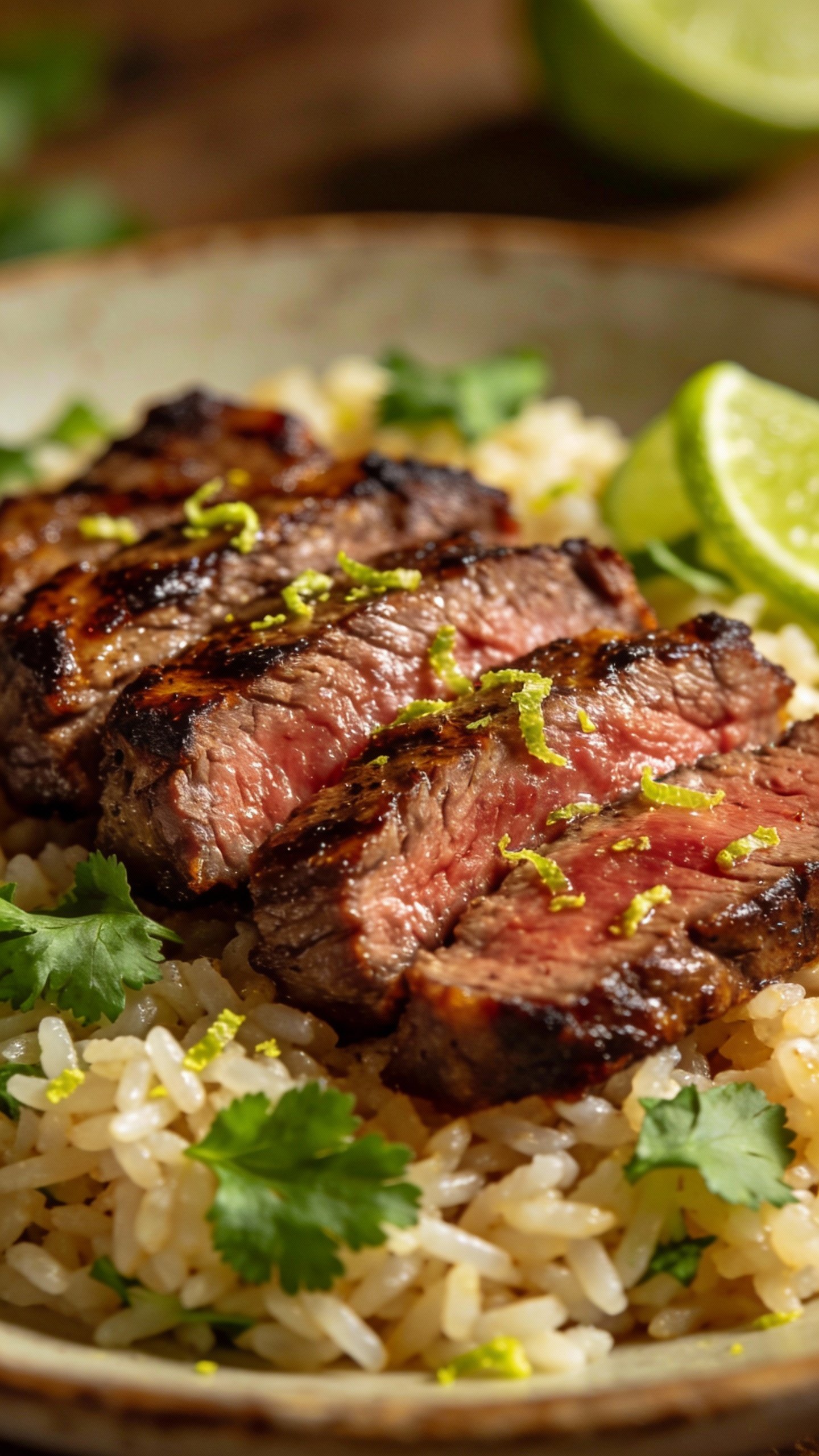 seared steak slices over cilantro-lime rice, shallow depth