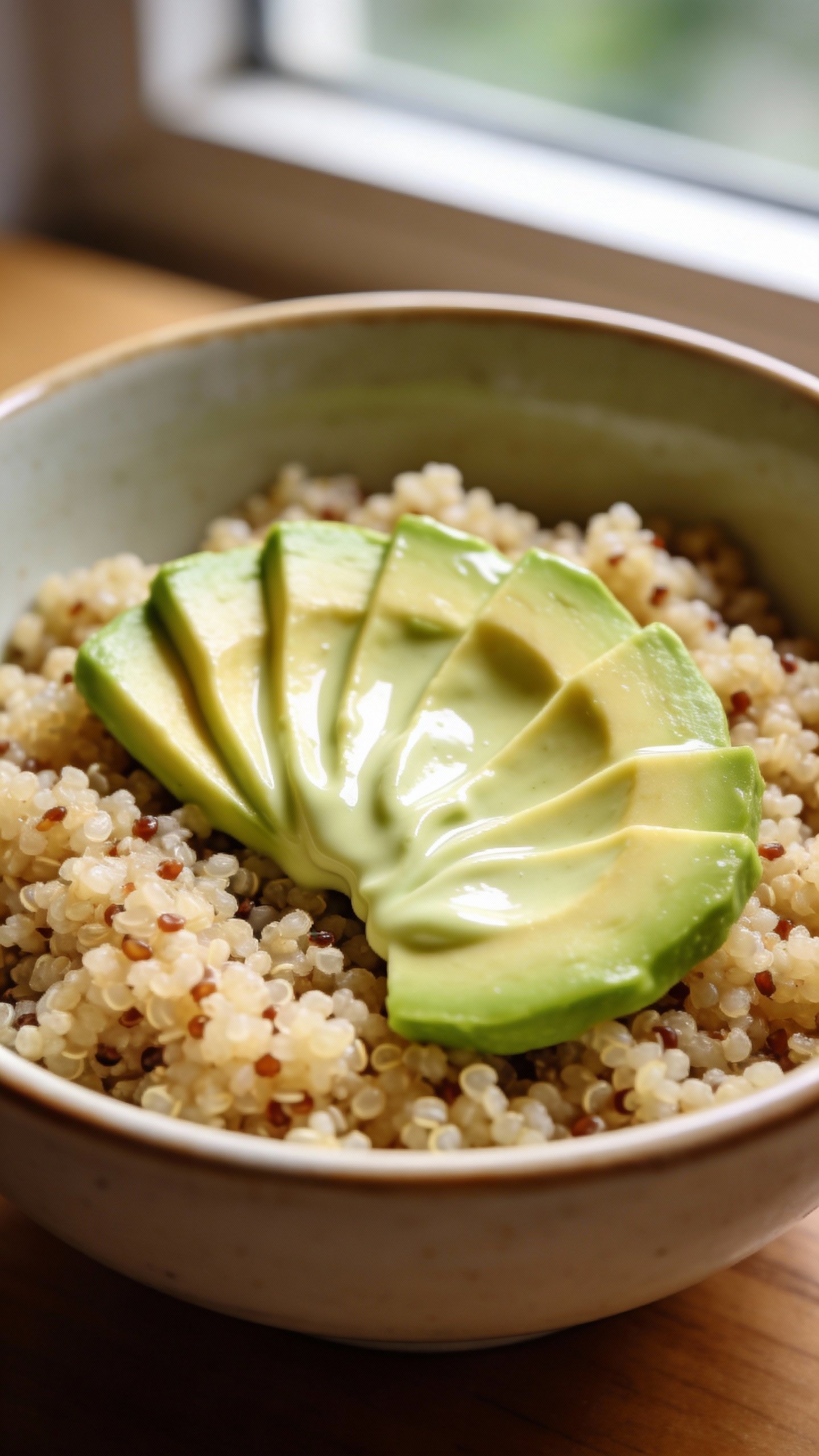 creamy avocado fan atop quinoa bowl, natural window light