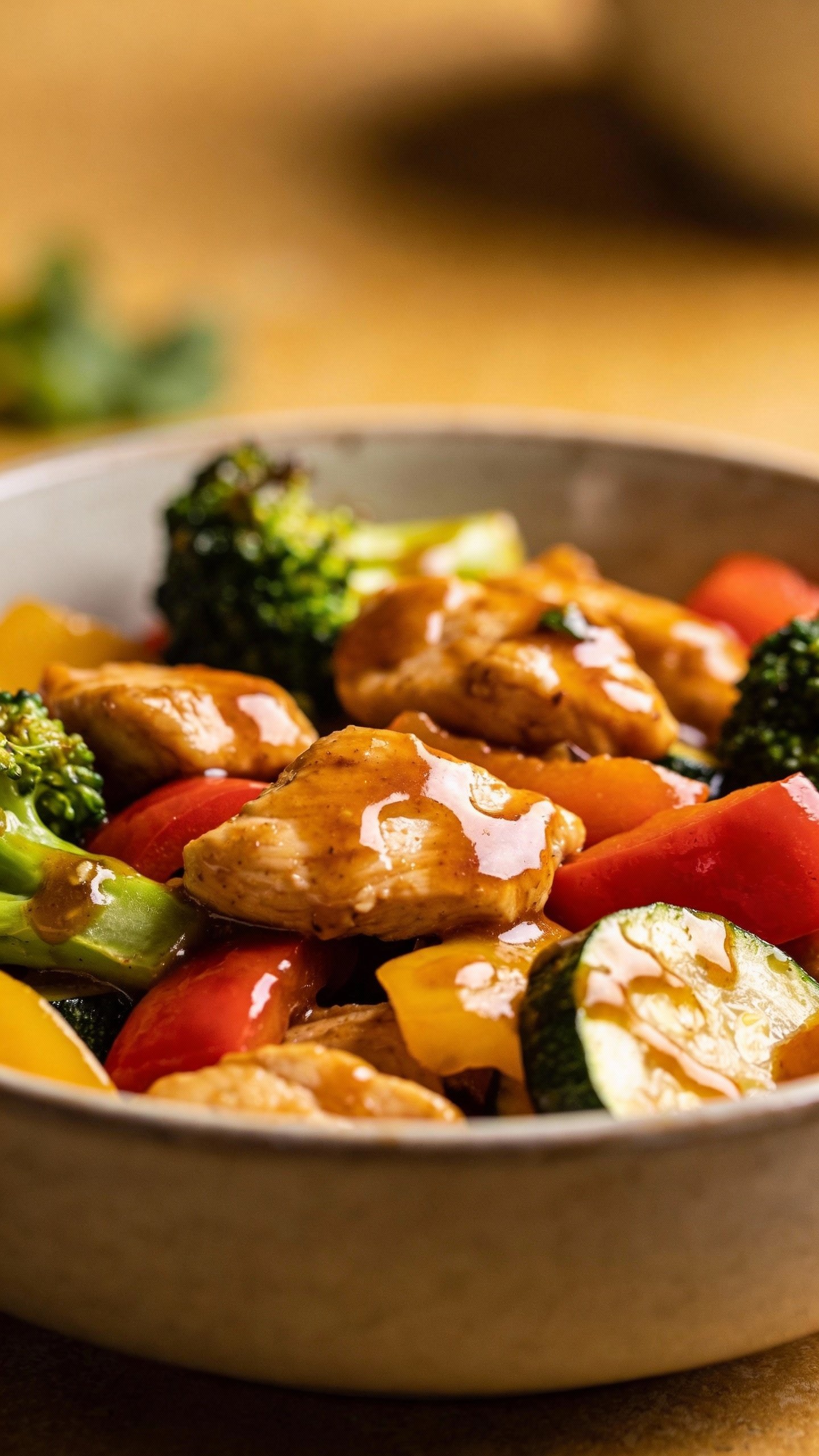 closeup bowl of keto chicken stir fry, glossy sauce